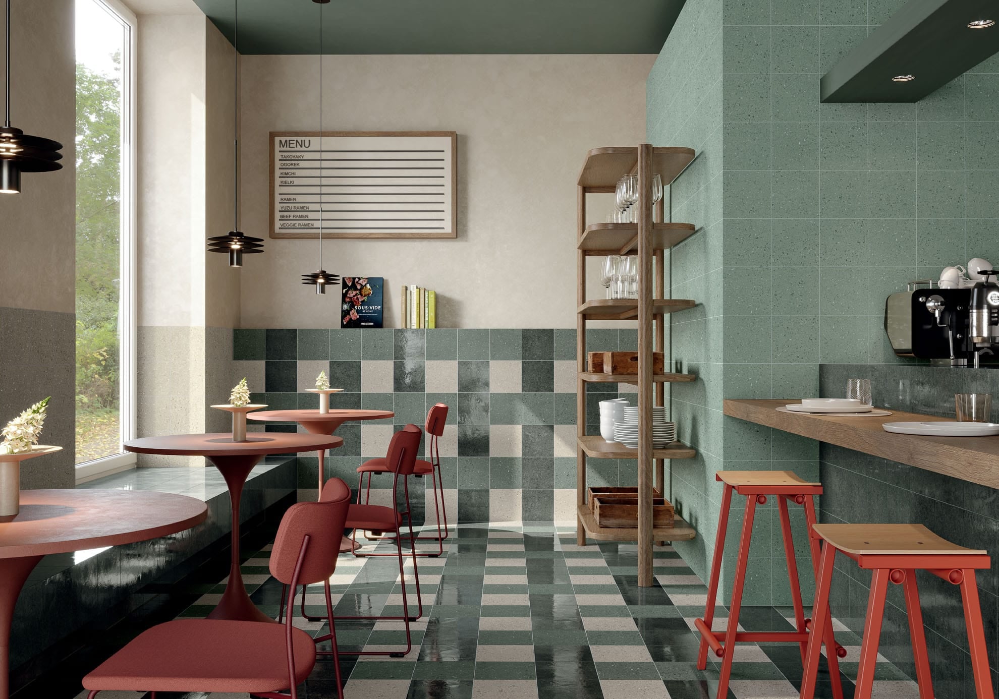 Modern café with Vogue Series 200x200 porcelain tiles in a green checkerboard floor and wall scheme using Bamboo Matt, Bosco Matt, Sabbia Matt and Verde Lacca Gloss.