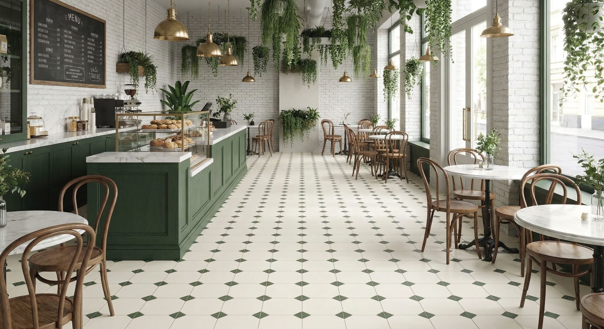 A bright, botanical-themed cafe interior featuring the Fresh Repeat tile look. The floor showcases Frequency Fern porcelain tiles with a white and green octagon pattern. The space includes a dark green counter, bentwood wooden chairs, marble tables, brass pendant lights, and abundant hanging plants against white painted brick walls.