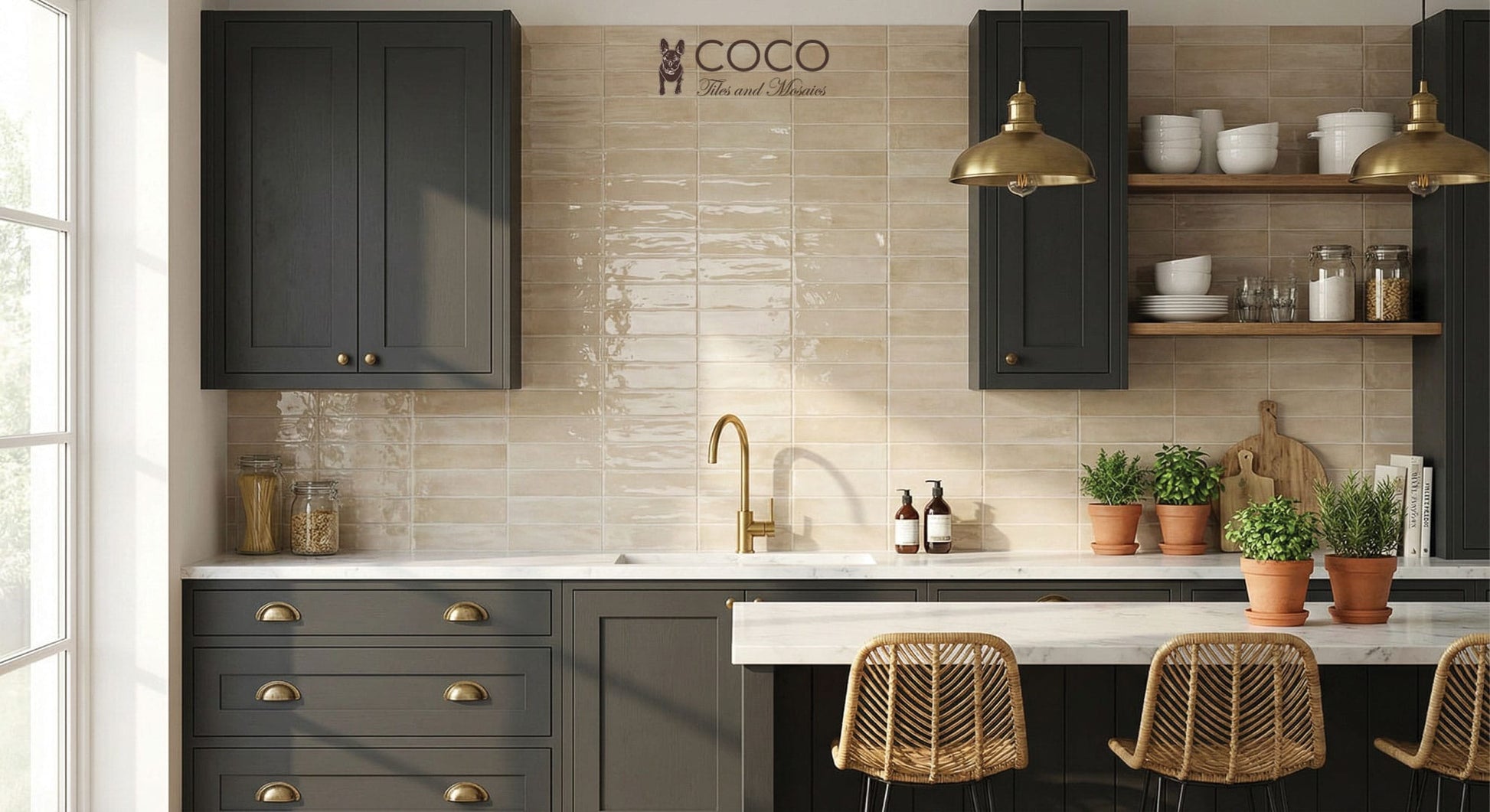 Smoke & Honey kitchen design featuring Moroccan Glaze Ripple Sand Gloss 400x800mm wall tiles against dark charcoal cabinetry and gold hardware.