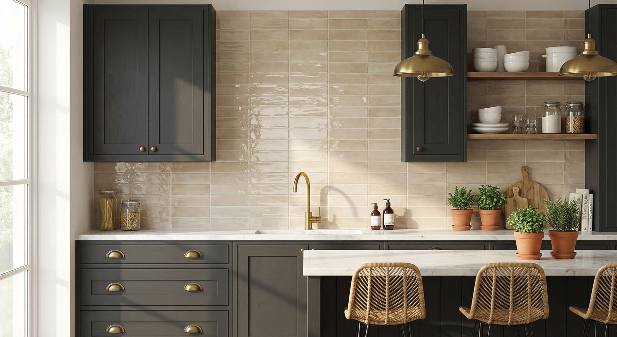 Smoke & Honey kitchen design featuring Moroccan Glaze Ripple Sand Gloss 400x800mm wall tiles against dark charcoal cabinetry and gold hardware.