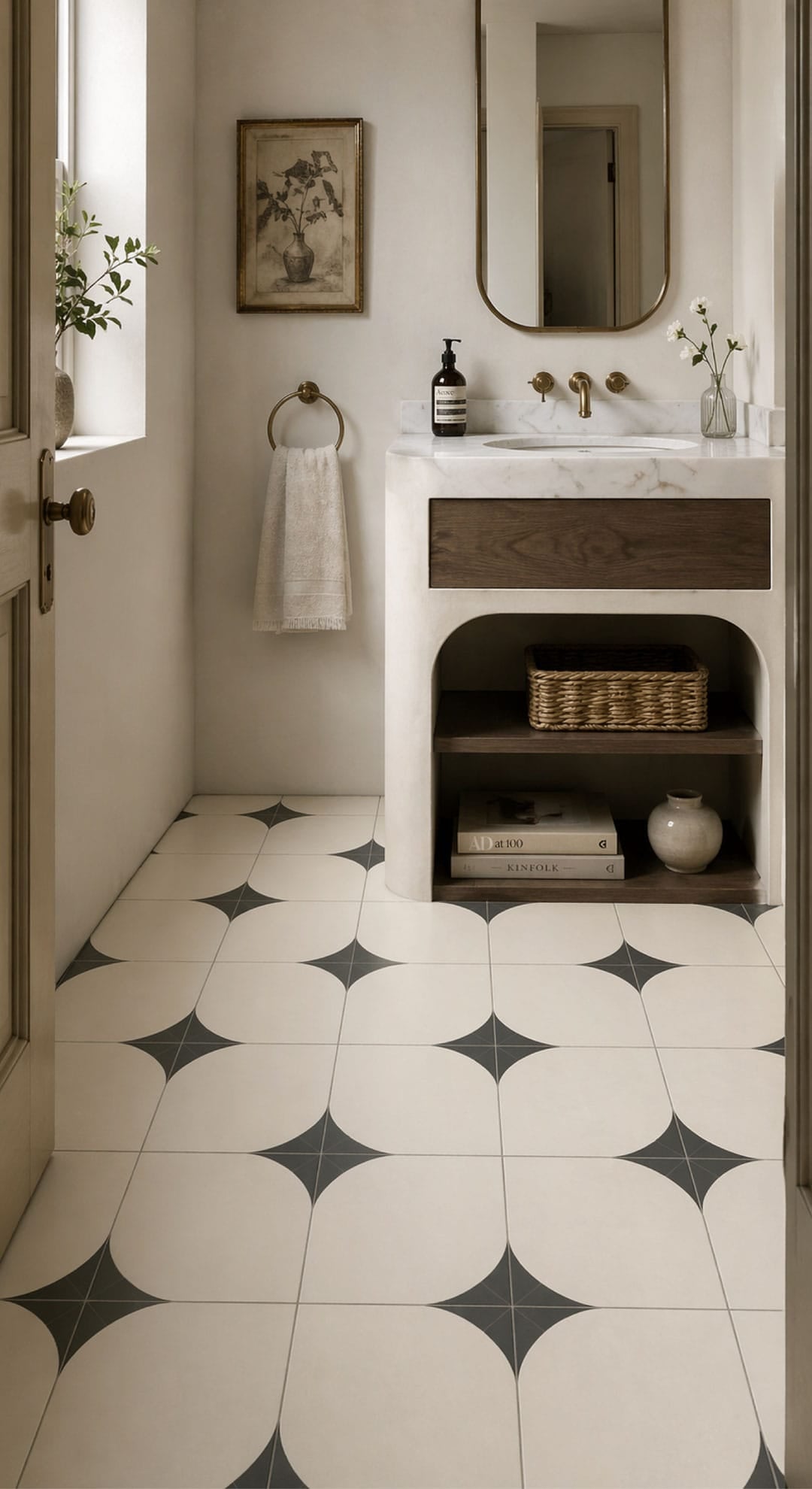 Small powder room with Arc After Dark Matte 300x300mm porcelain floor tile from COCO Tiles & Mosaics in warm ivory with fern green quarter-arc petal pattern, styled with a marble vanity, timber drawer, brushed brass tapware and arched mirror.