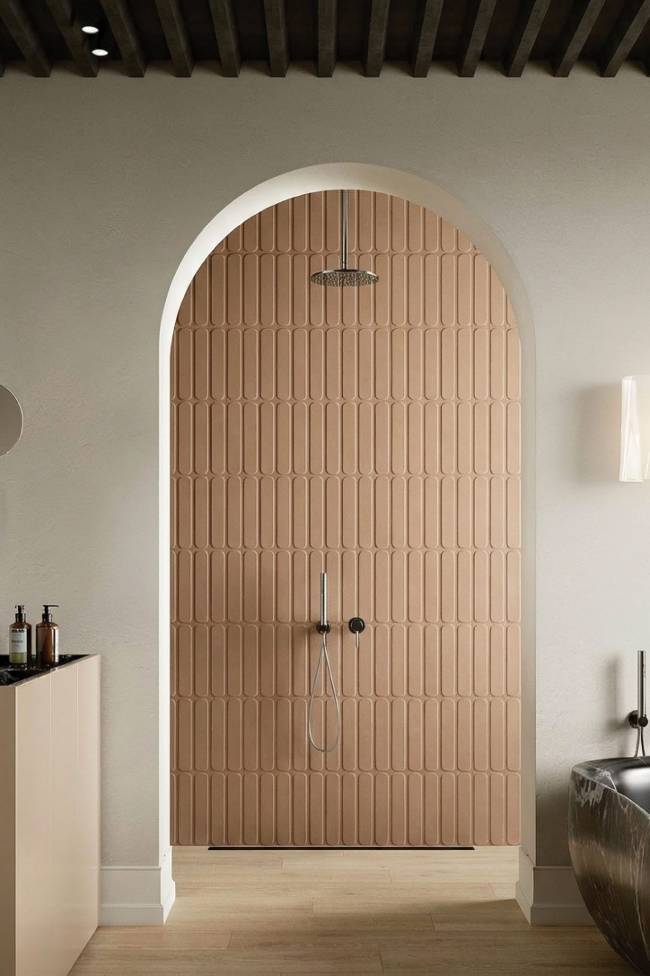 Modern spa bathroom with Cadence Warm Blush STR 2 matt 64x300 textured porcelain shower wall tiles and Grandeur Touch Sunlit Grove matt 200x1200 timber-look porcelain floor tiles.
