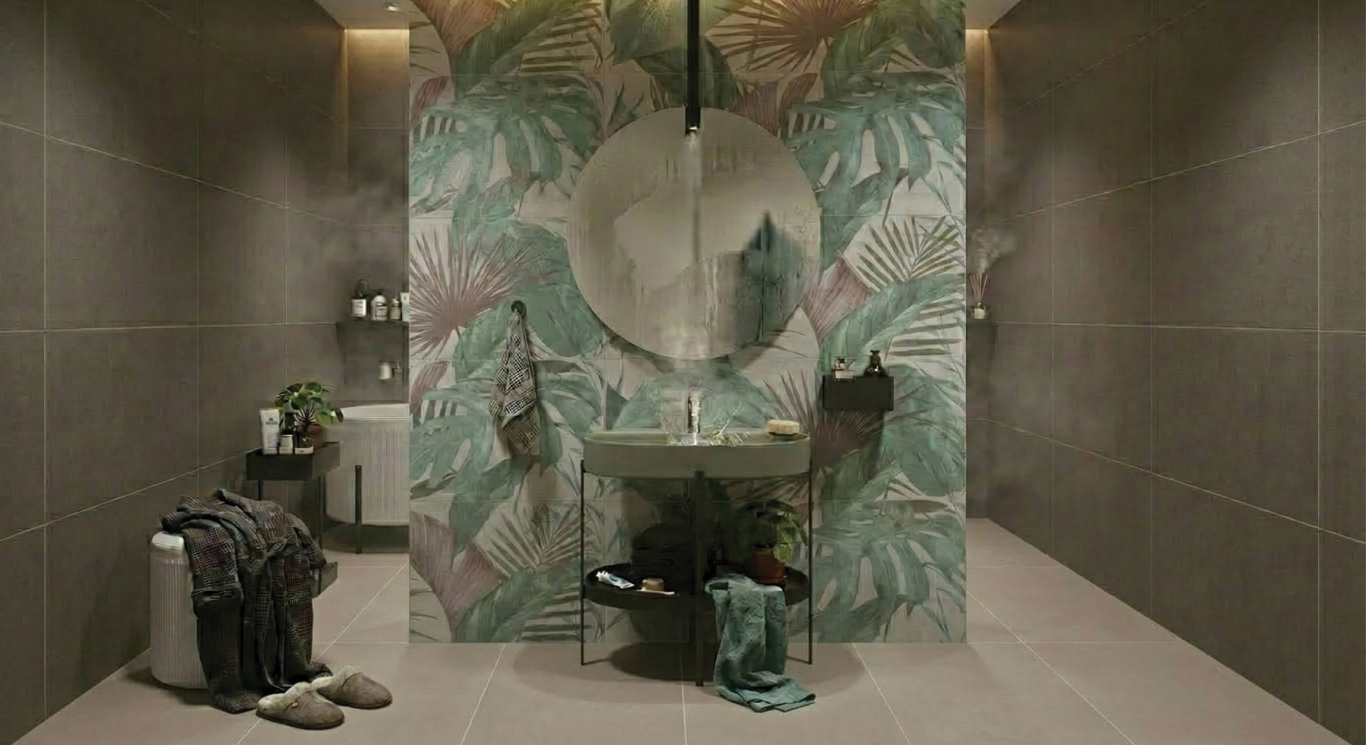 Wild Things Stay bathroom tile look featuring Wonderland Wild Foliage tropical feature wall tiles with CoCo Starmoon Kaffee and Beaver satin porcelain tiles in a moody spa-style bathroom.
