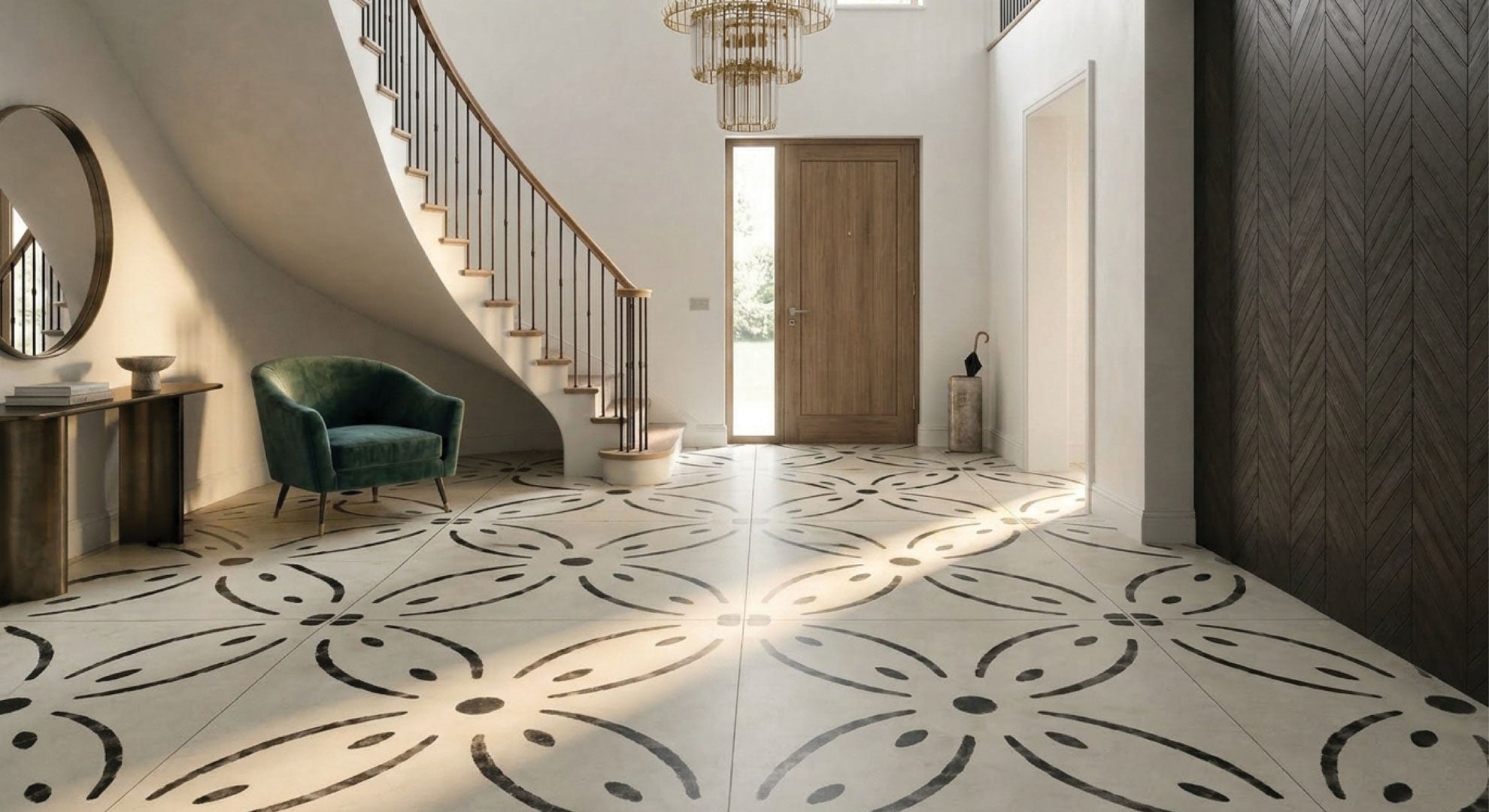 The Grand Hello entryway tile look featuring Aria Series Inkdrop Matt 900x900mm porcelain floor tiles, sweeping staircase, timber door, brass chandelier, black feature wall and teal velvet chair.