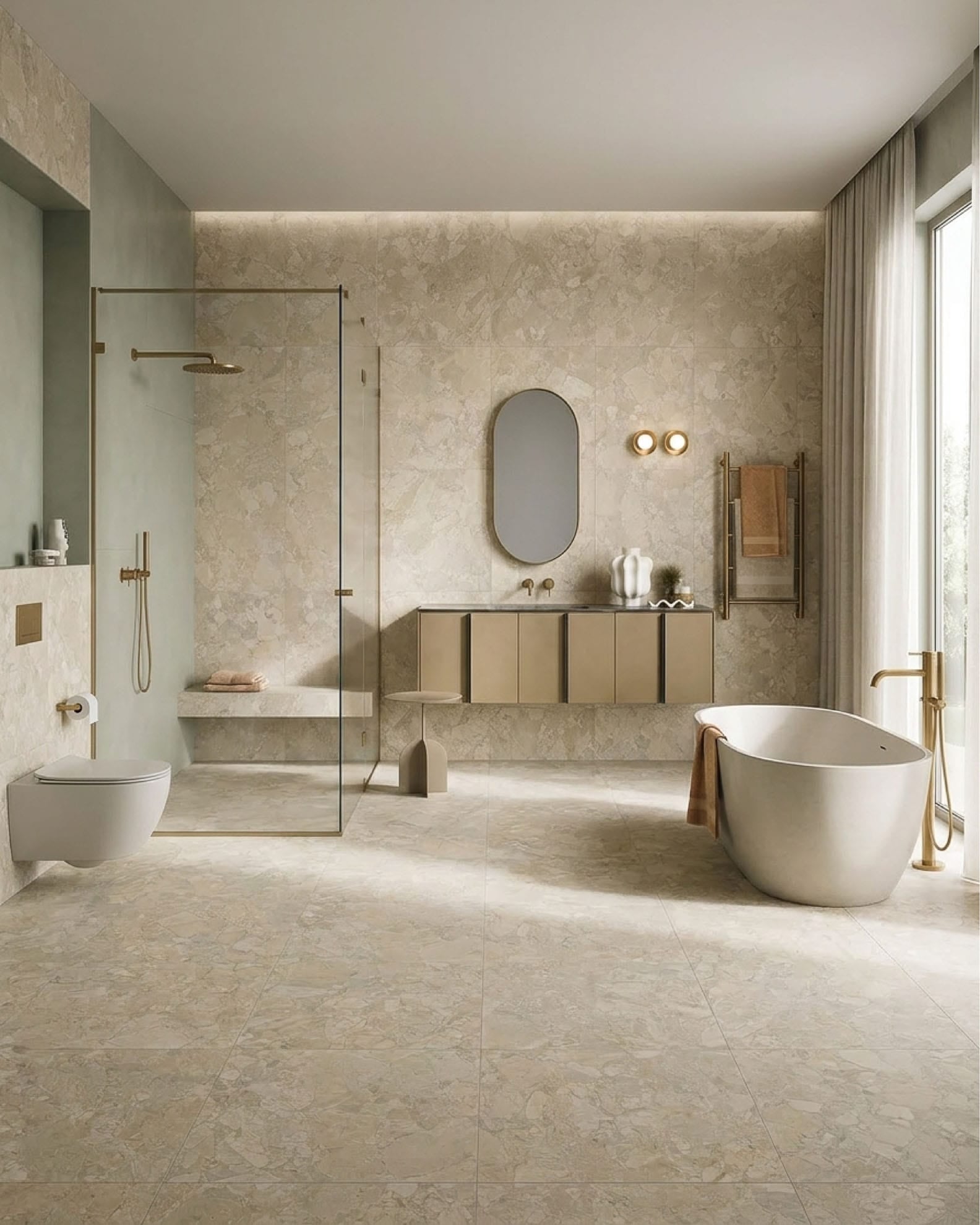 Modern bathroom with Fragmenta Series Flora matt 600x600 terrazzo look porcelain tiles on floor and walls, paired with Symphony Series Mossy Meadow matte 600x1200 green wall tile in the shower.