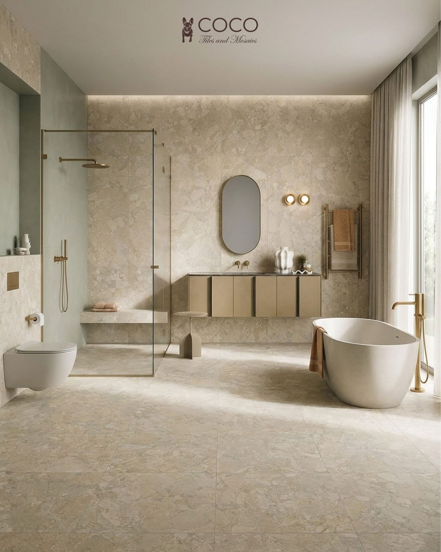 Modern bathroom with Fragmenta Series Flora matt 600x600 terrazzo look porcelain tiles on floor and walls, paired with Symphony Series Mossy Meadow matte 600x1200 green wall tile in the shower.