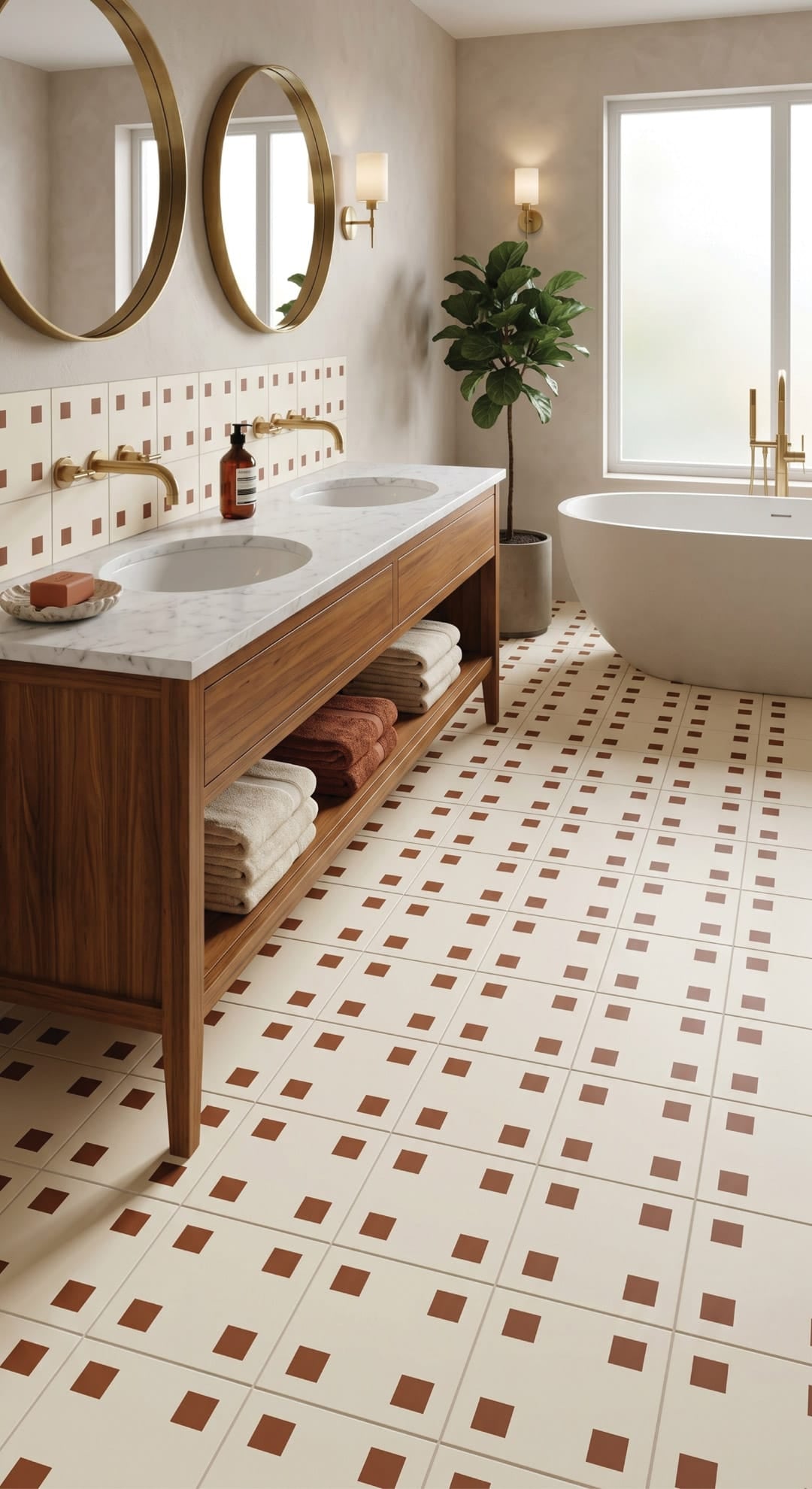 Bistro Dot Terra terracotta and ivory 300x300mm satin porcelain floor tile in styled Mid-Century bathroom — COCO Tiles Four Corners Series