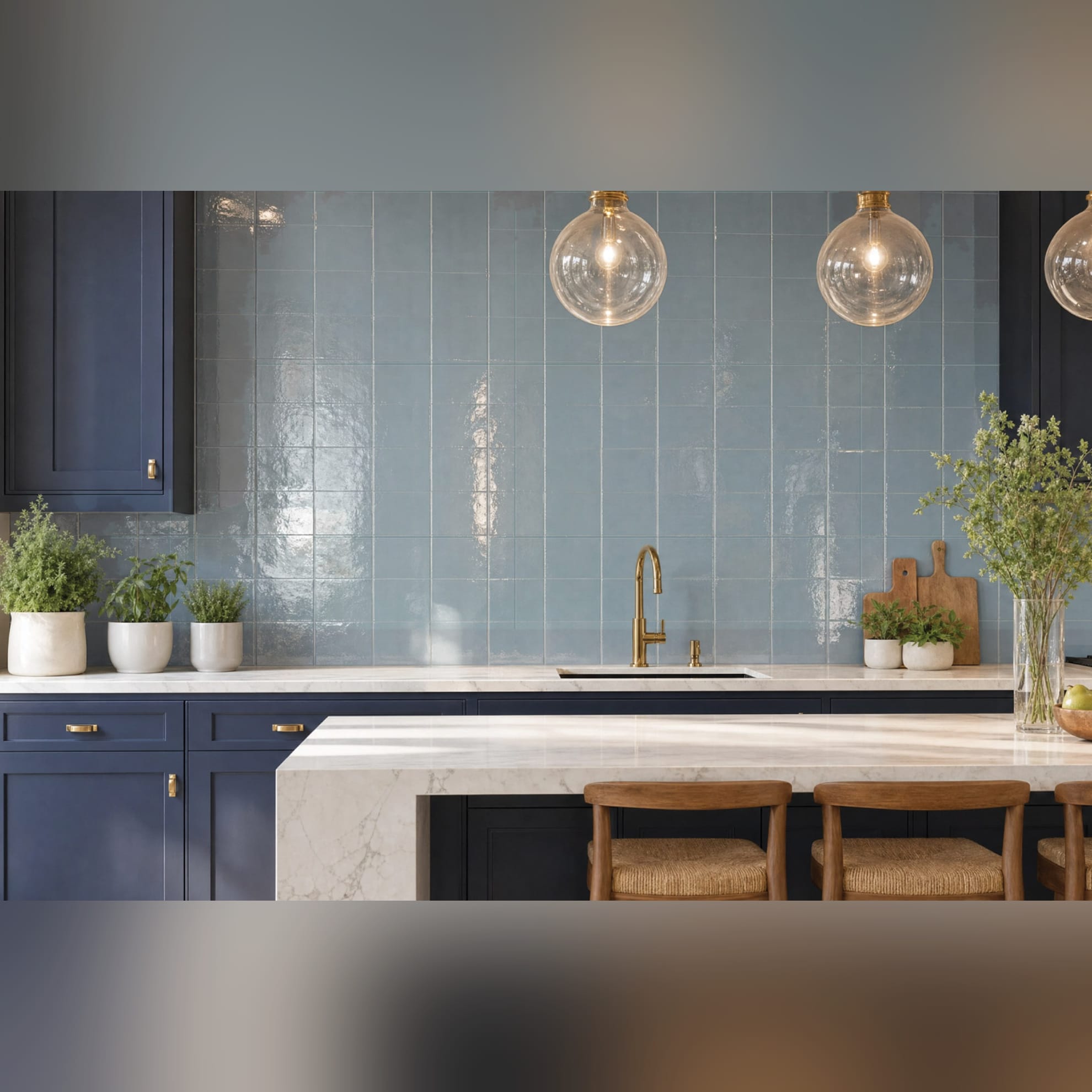 Harbour Grid Tide ocean-blue gloss 400x800mm porcelain splashback tile in navy kitchen — COCO Tiles Coastline Series