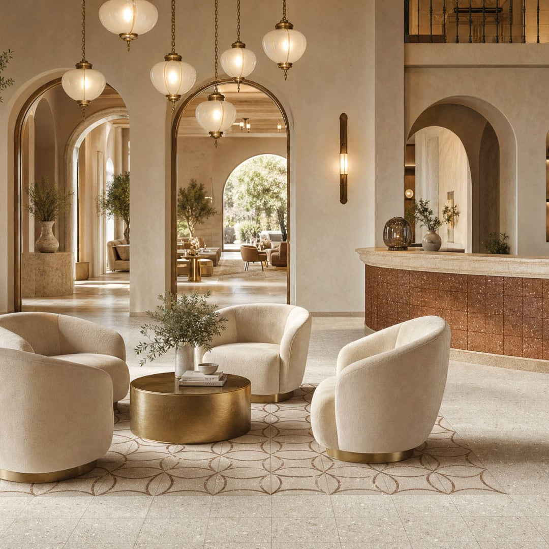 Luxury Mediterranean-style hotel lobby with Vogue Cotto Matt 200x200 terracotta porcelain tiles on the reception desk and Vogue Sabbia and Astro Sabbia Matt 200x200 patterned porcelain floor tiles.