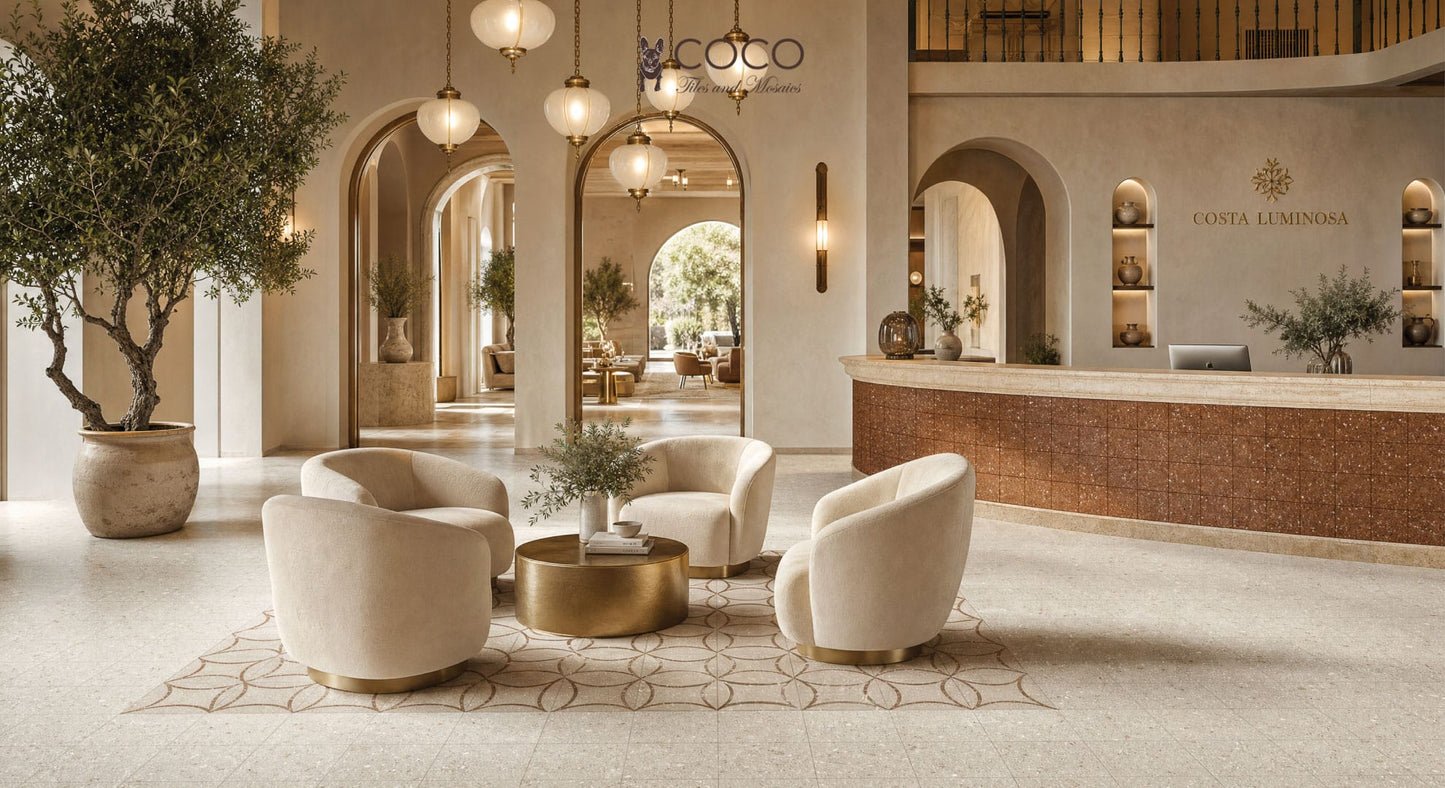 Luxury Mediterranean-style hotel lobby with Vogue Cotto Matt 200x200 terracotta porcelain tiles on the reception desk and Vogue Sabbia and Astro Sabbia Matt 200x200 patterned porcelain floor tiles.