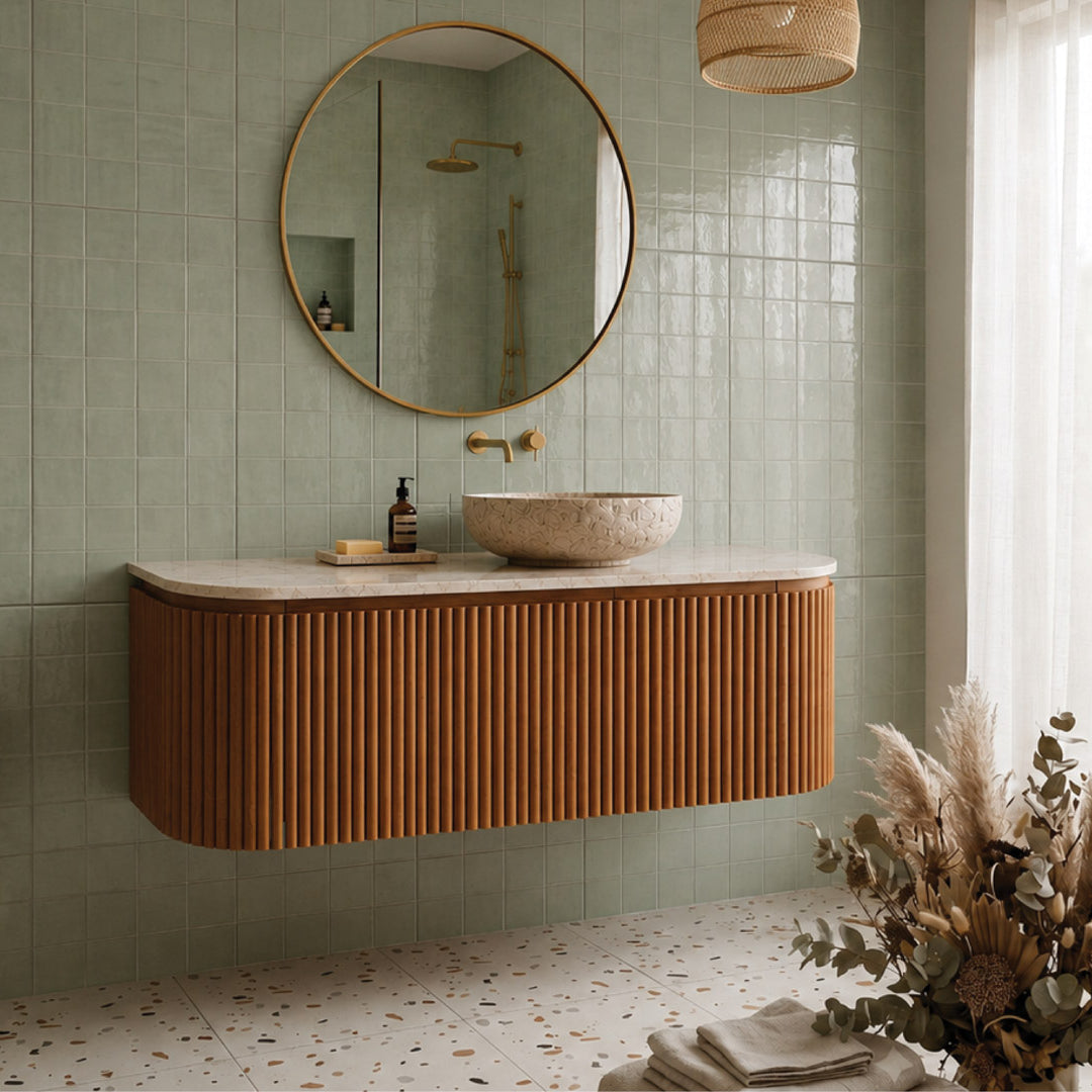 Bathroom with Harbour Grid Seagrass Gloss 400x800 green porcelain wall tiles and Desert Splatter Satin 400x400 terrazzo look ceramic floor tiles, styled with timber vanity, linen curtains and natural light.