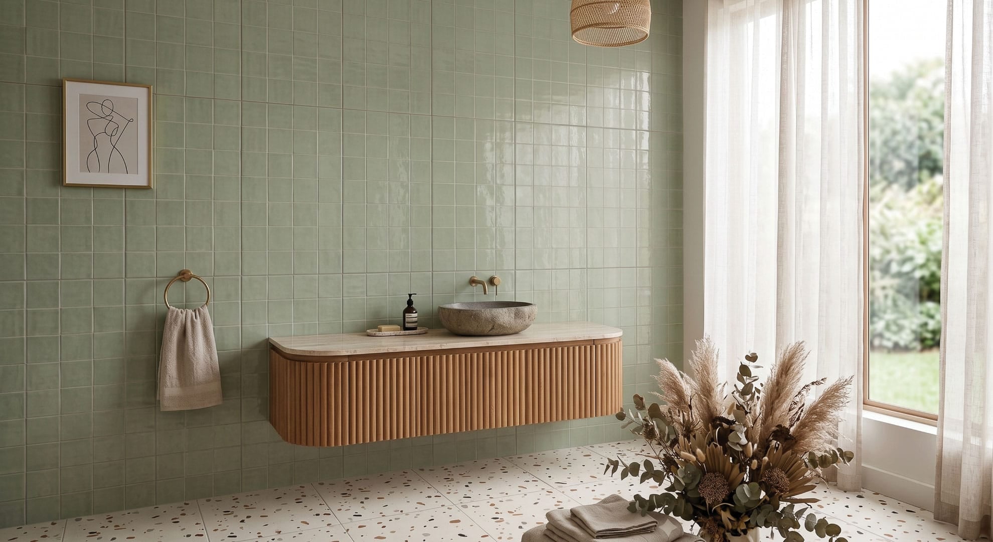 Bathroom with Harbour Grid Seagrass Gloss 400x800 green porcelain wall tiles and Desert Splatter Satin 400x400 terrazzo look ceramic floor tiles, styled with timber vanity, linen curtains and natural light.
