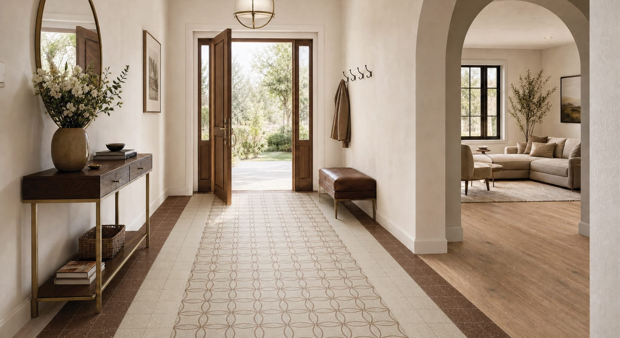 Warm entryway with Vogue Rosso Lacca Gloss 200x200 terracotta border tiles, Vogue Sabbia Matt 200x200 beige field tiles and Astro Sabbia Matt 200x200 patterned centre runner.