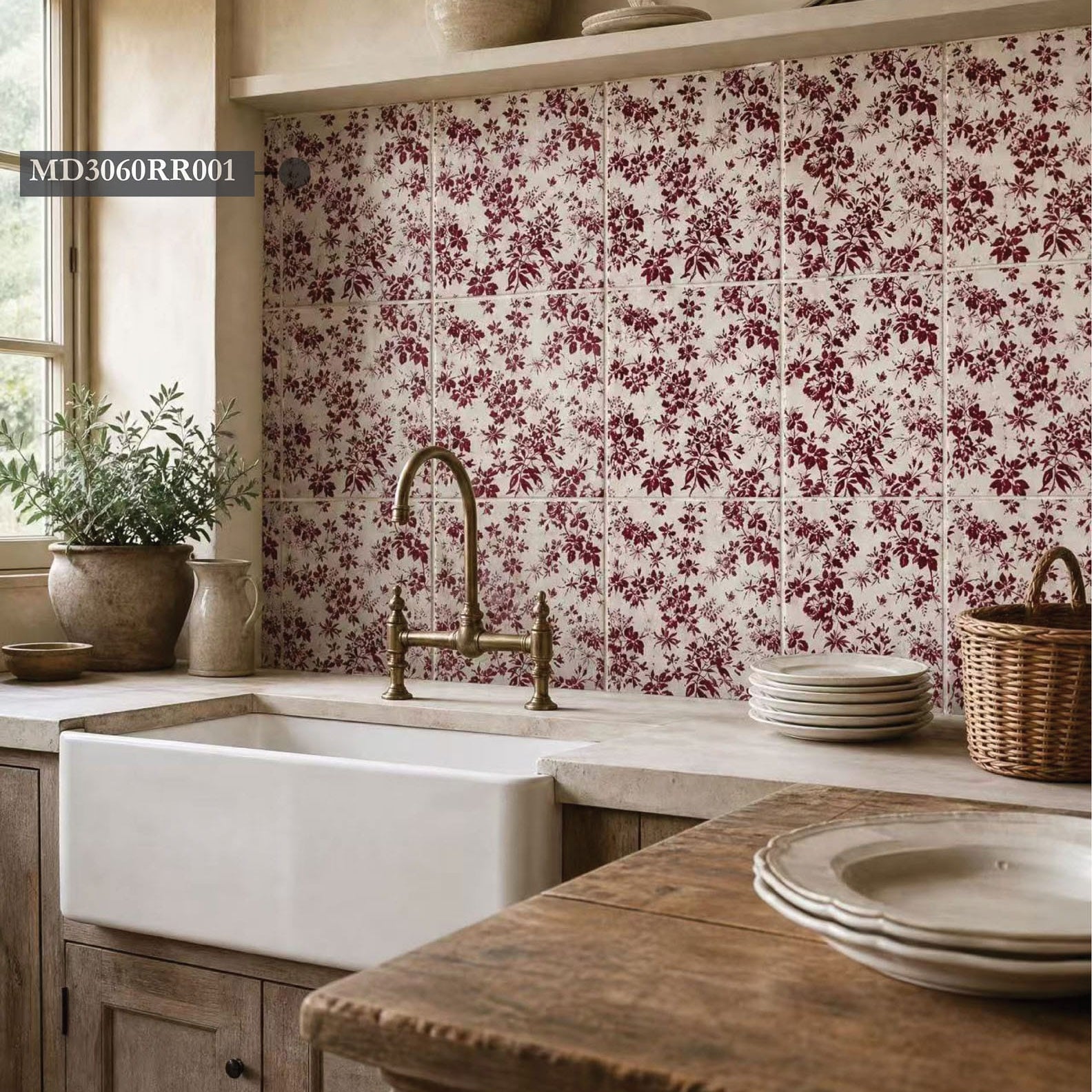 French country scullery with Red Room Bloom Satin 300x300 ceramic wall tiles in a burgundy floral pattern on a soft ivory base, styled with a farmhouse sink, brass tapware and rustic timber cabinetry.