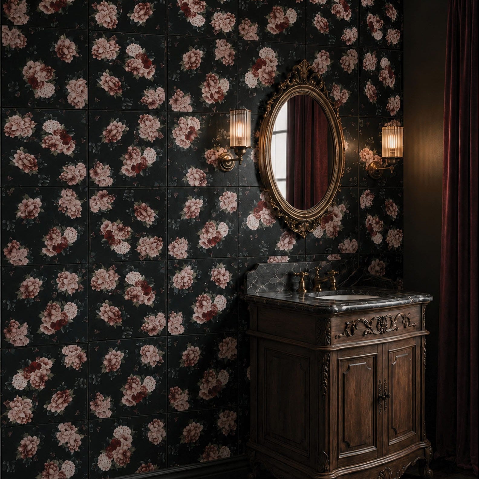 Moody powder room with Red Room Janice Satin 300x300 black floral ceramic wall tiles, antique timber vanity, ornate mirror and warm wall sconces.