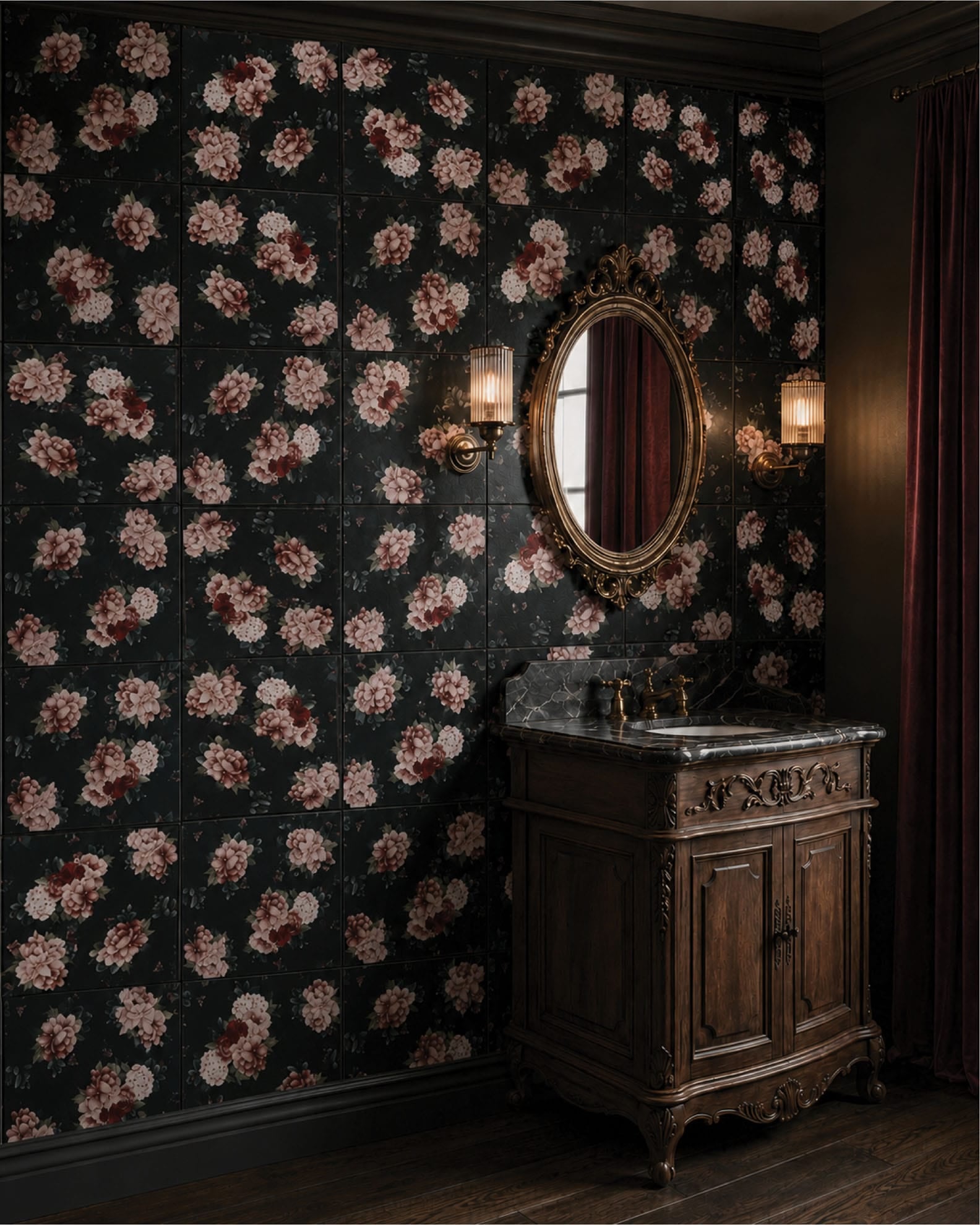 Moody powder room with Red Room Janice Satin 300x300 black floral ceramic wall tiles, antique timber vanity, ornate mirror and warm wall sconces.