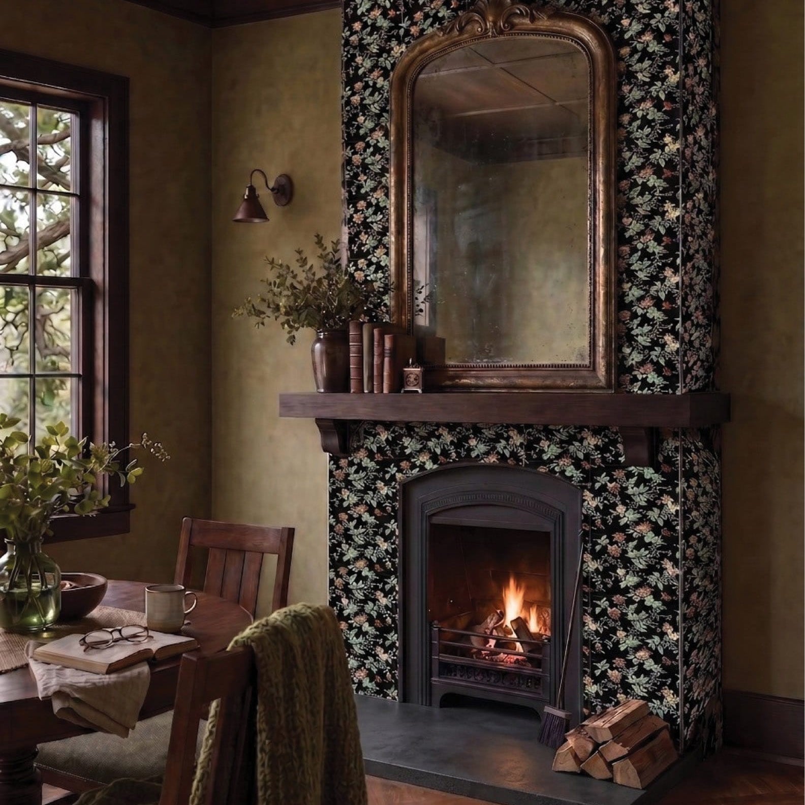 Moody heritage interior with Red Room Night Bloom Satin 300x300 ceramic wall tiles featuring golden mustard, terracotta and soft amber floral blooms with trailing sage vines on an onyx black background.