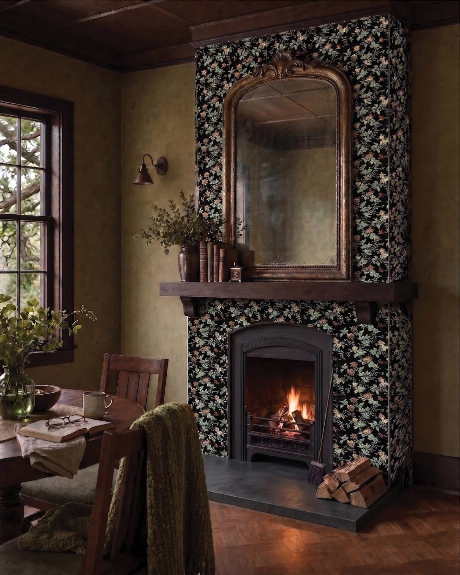 Moody heritage interior with Red Room Night Bloom Satin 300x300 ceramic wall tiles featuring golden mustard, terracotta and soft amber floral blooms with trailing sage vines on an onyx black background.
