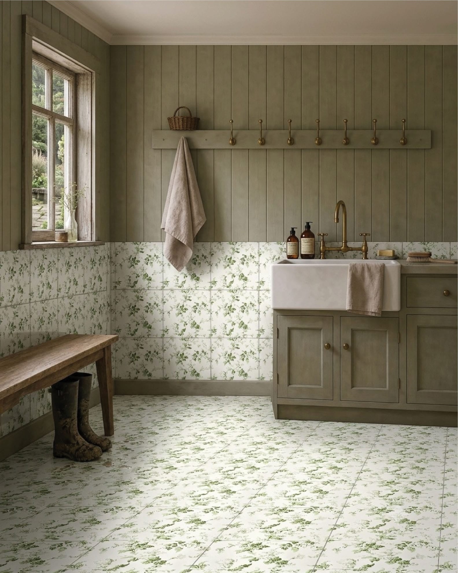 Country utility room with Red Room Garden Party Satin 300x300 ceramic tiles featuring soft sage floral vines on an ivory base, styled with sage joinery, farmhouse sink, brass tapware, timber bench and muddy boots.