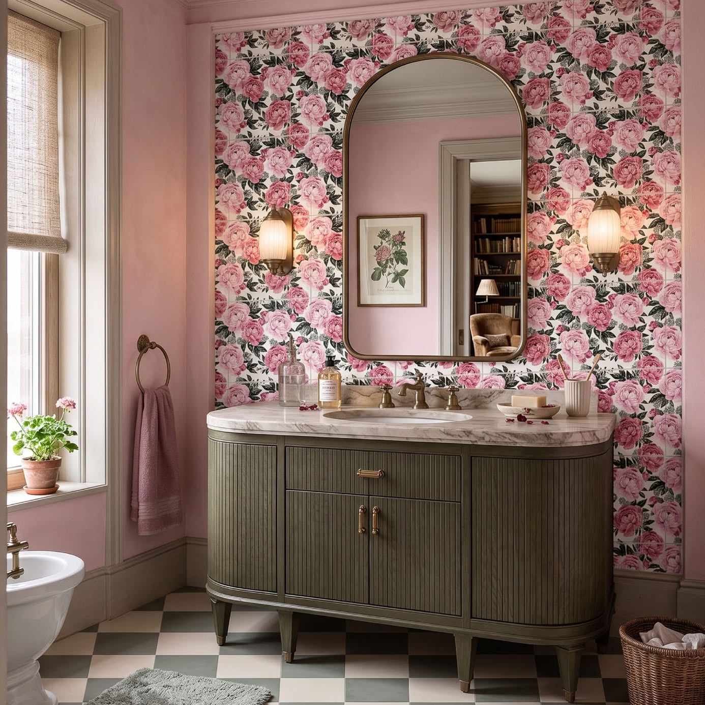 Pink bathroom with Queen of Bloom pink peony floral ceramic feature wall, olive green fluted vanity with marble top, arched brass mirror, and green and greige checkerboard porcelain floor tiles.