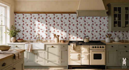 Country kitchen with Follow Your Heart crimson and blush peony floral ceramic splashback, sage green shaker cabinetry, stone benchtop, white butler sink, brass tapware and a cream range cooker.