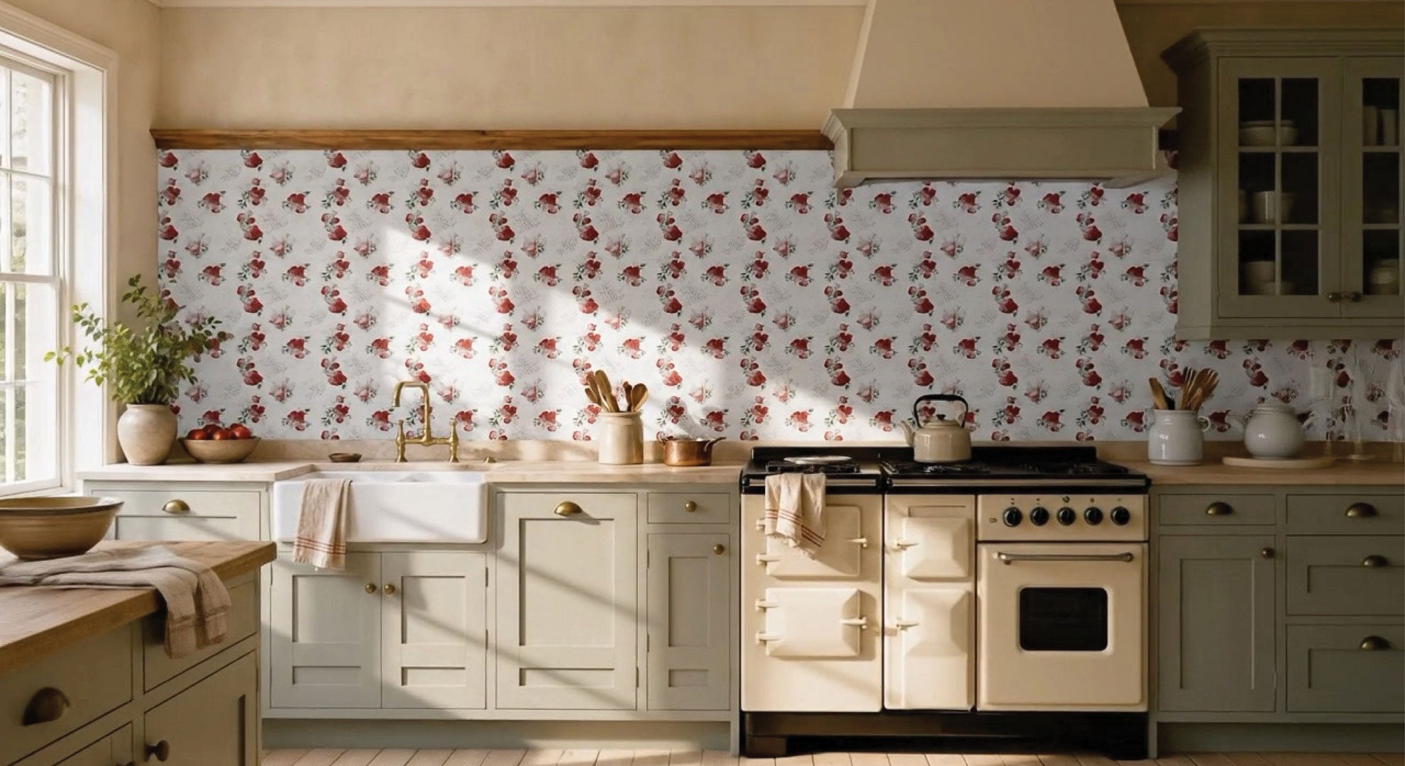 Country kitchen with Follow Your Heart crimson and blush peony floral ceramic splashback, sage green shaker cabinetry, stone benchtop, white butler sink, brass tapware and a cream range cooker.
