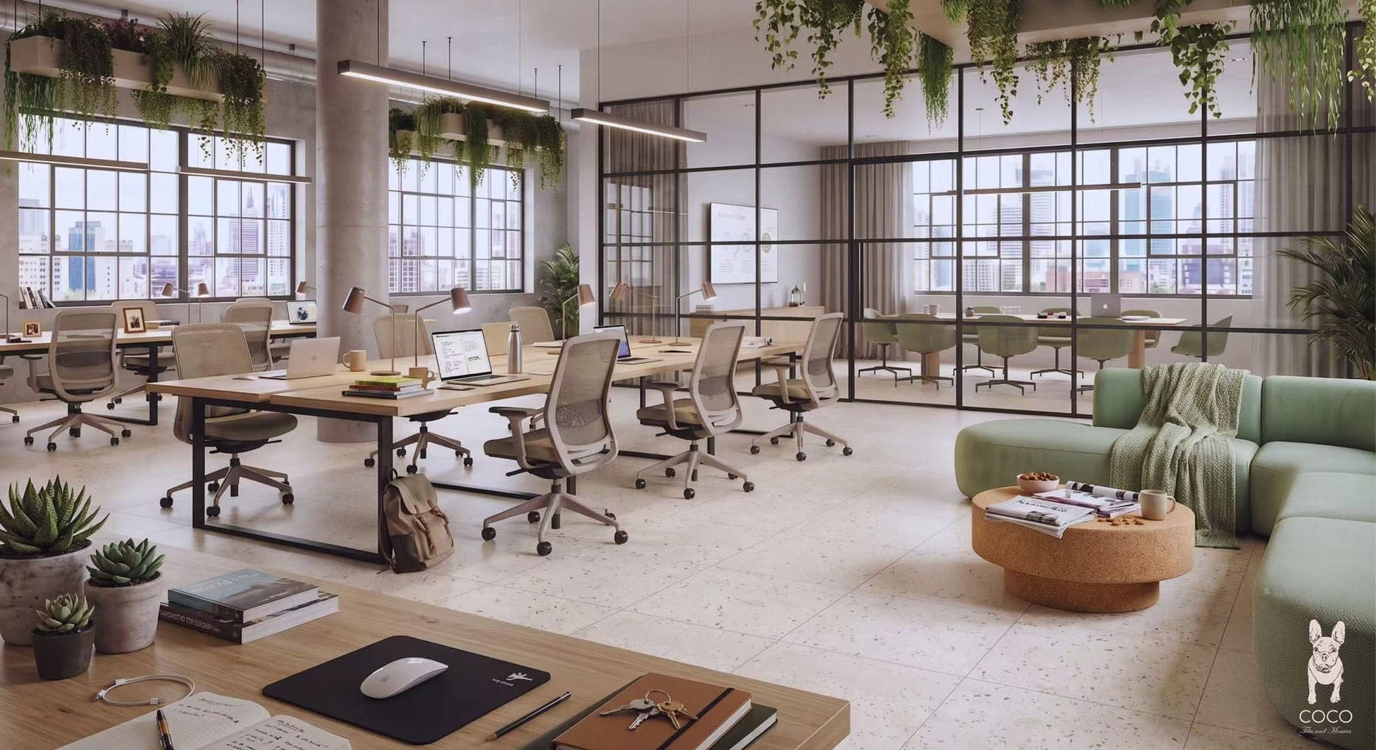 Open-plan office with Patina Series Perla Matt 604x604 terrazzo-look porcelain floor tiles, timber desks, black-framed glass partitions, indoor greenery and soft green lounge seating.
