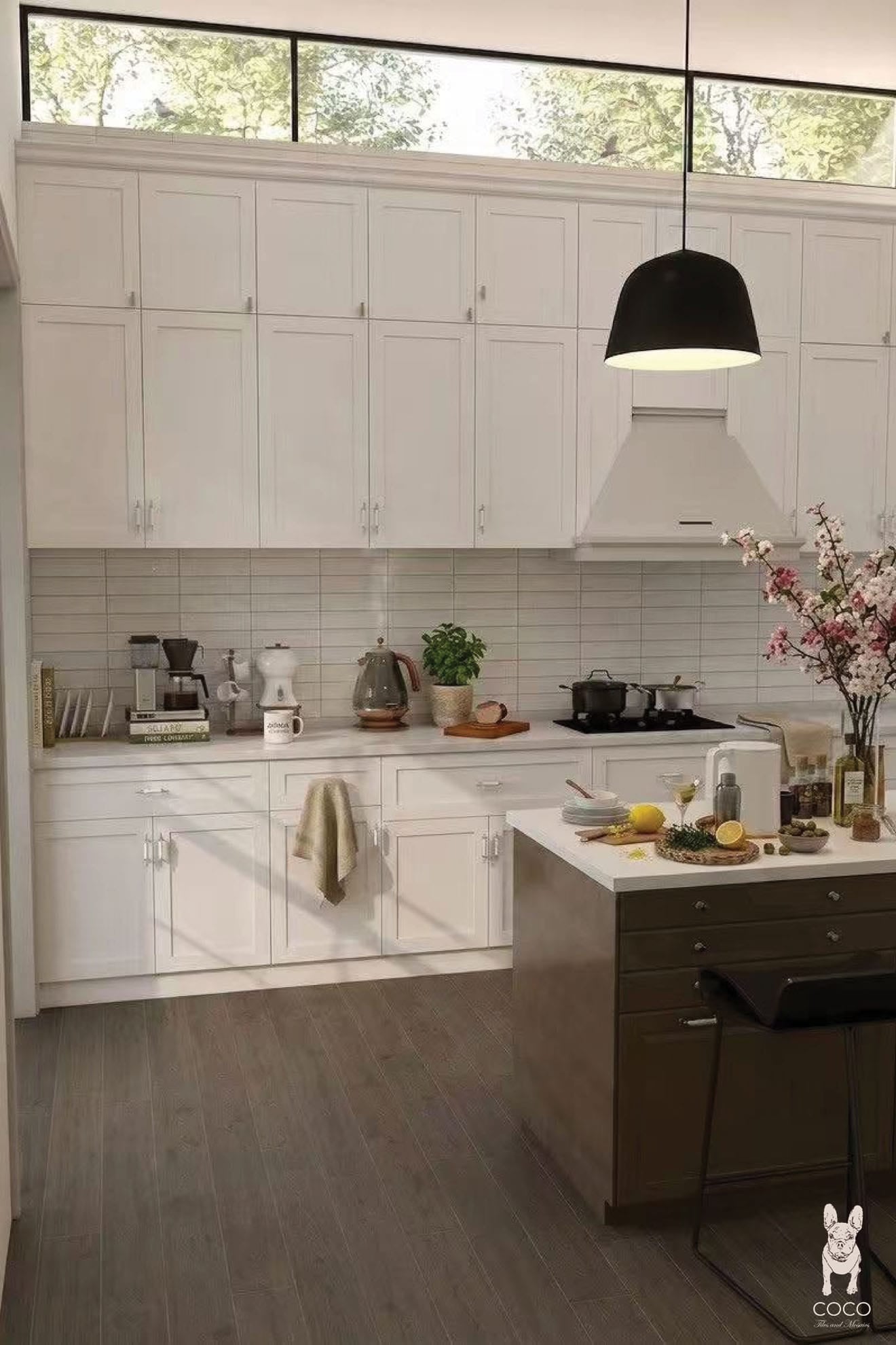Bright white kitchen with Minimalist Muse Wavy Cascade Satin 300x600 textured splashback tiles and Grandeur Touch Midnight Oak Matt 200x1200 timber look porcelain floor tiles.