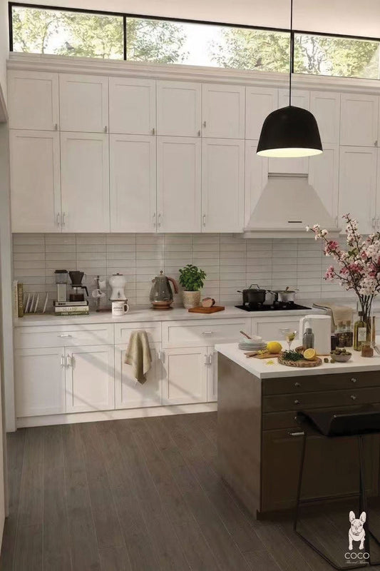 Bright white kitchen with Minimalist Muse Wavy Cascade Satin 300x600 textured splashback tiles and Grandeur Touch Midnight Oak Matt 200x1200 timber look porcelain floor tiles.