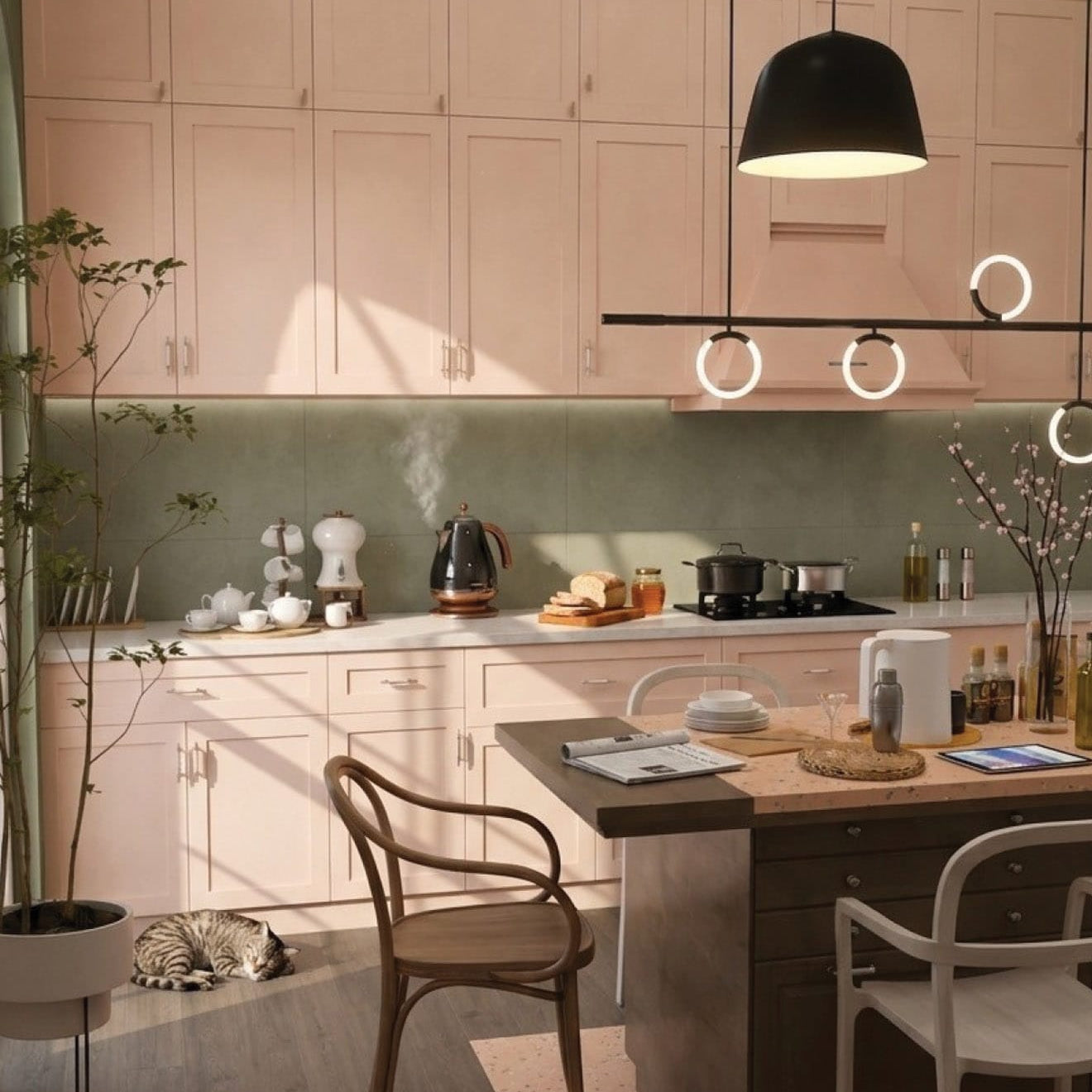 Kitchen with blush cabinetry, Symphony Mossy Meadow green porcelain splashback tile and Grandeur Autumn Arbour timber-look porcelain floor tile.