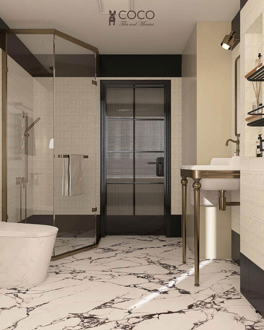 Minimalist Muse Series - Square Impressions Set 2 Ivory Mist Satin 300x600mm Porcelain Tile