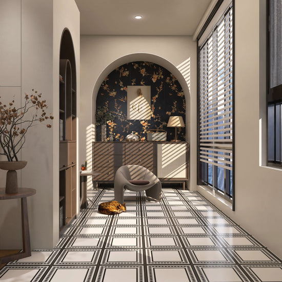 Tuxedo Matte black and white porcelain tile, high-slip-resistant, with an art deco geometric design. Shown in a contemporary interior, available from Coco Tiles & Mosaics in Australia.