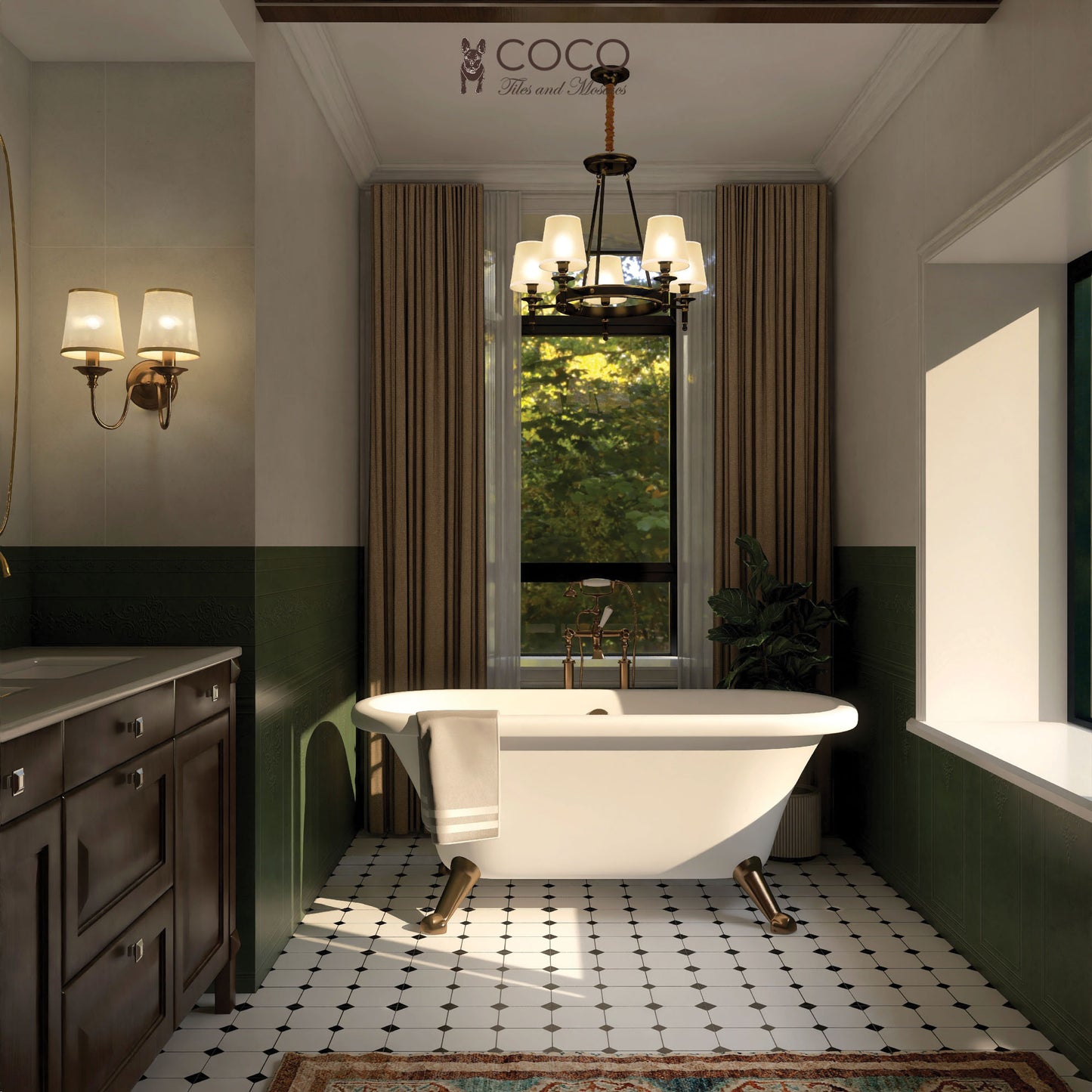 My Timeless Mood luxury bathroom featuring Metro Mod Series Noir Matrix Quad black and white geometric floor tiles, Manor Series elegant Mystic Moss green and cream wall tiles with etched and raised patterns, freestanding white bathtub, brass fixtures, and sophisticated lighting.