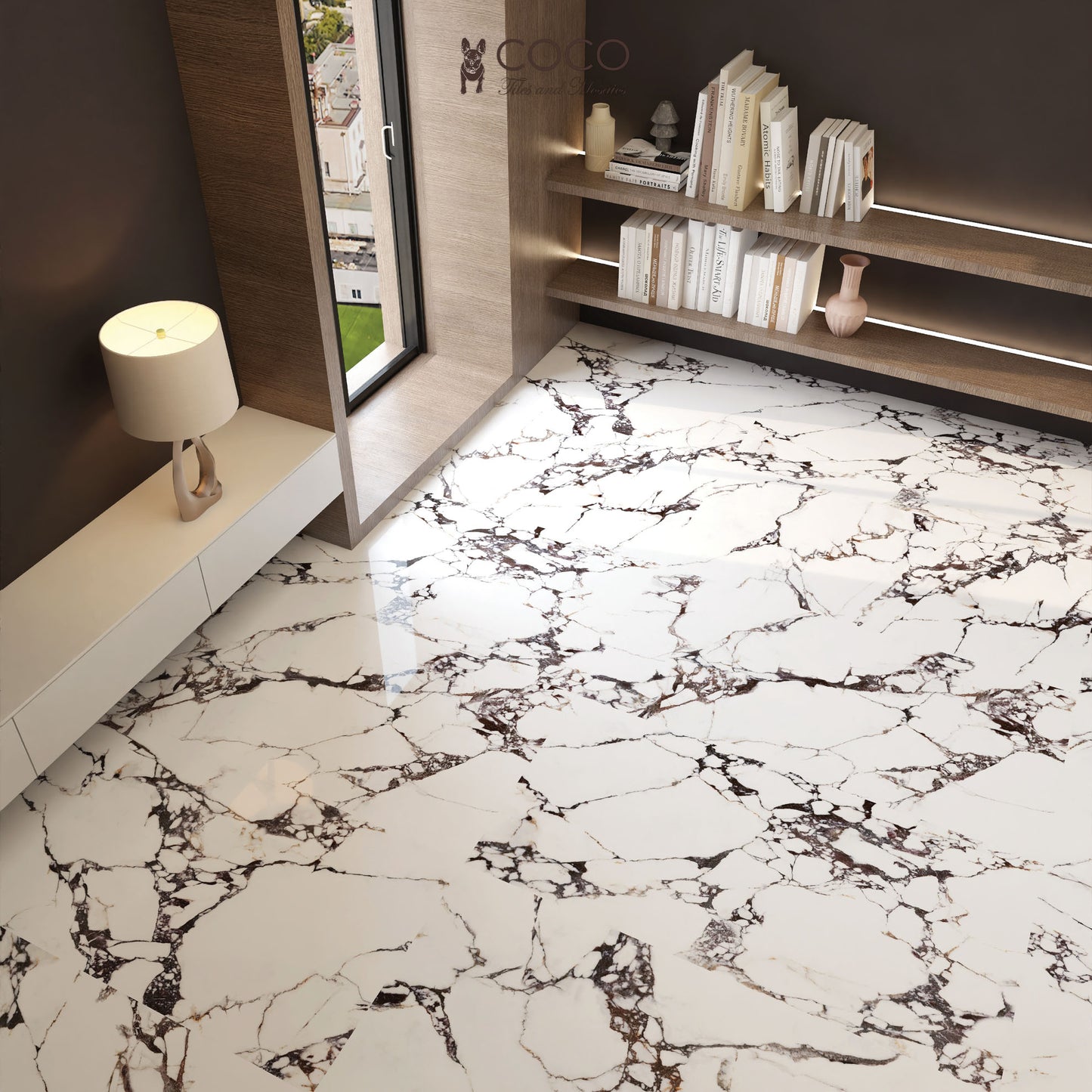 Wine & Stone tile look featuring Stellar Veins Burgundy Storm marble-look porcelain tiles with dramatic burgundy red veins.