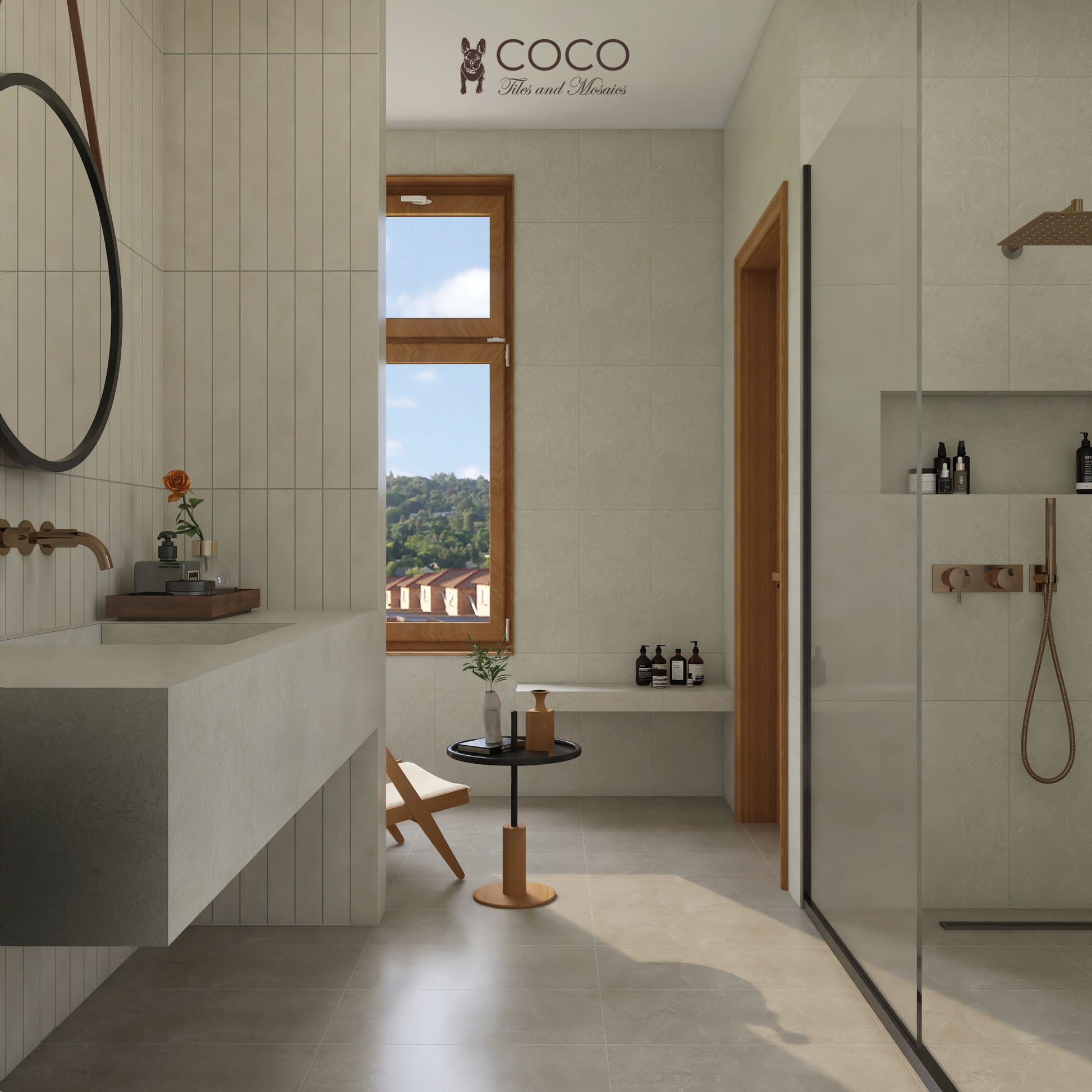 Form & Sediment tile combination featuring Rupe Matte 300x600, Libra Matte 300x600, and Seashell White Matte 75x600 porcelain tiles in neutral, stone-effect tones.