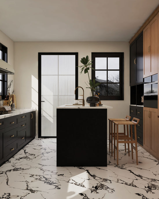 Stellar Veins Series Obsidian Night Satin 600x1200mm porcelain tile in a Warm Industrial Edge kitchen with matte black cabinetry, light wood cabinets, and brass tapware
