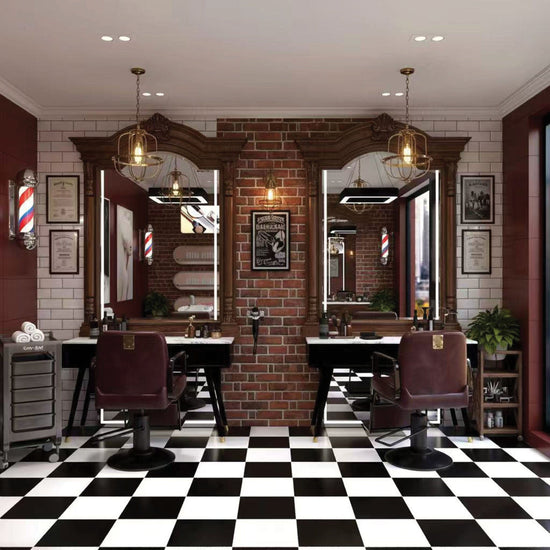 Chop Shop Checker barbershop interior with black-and-white checkerboard floor using CoCo’s Black & White Satin 300×300mm porcelain tiles.