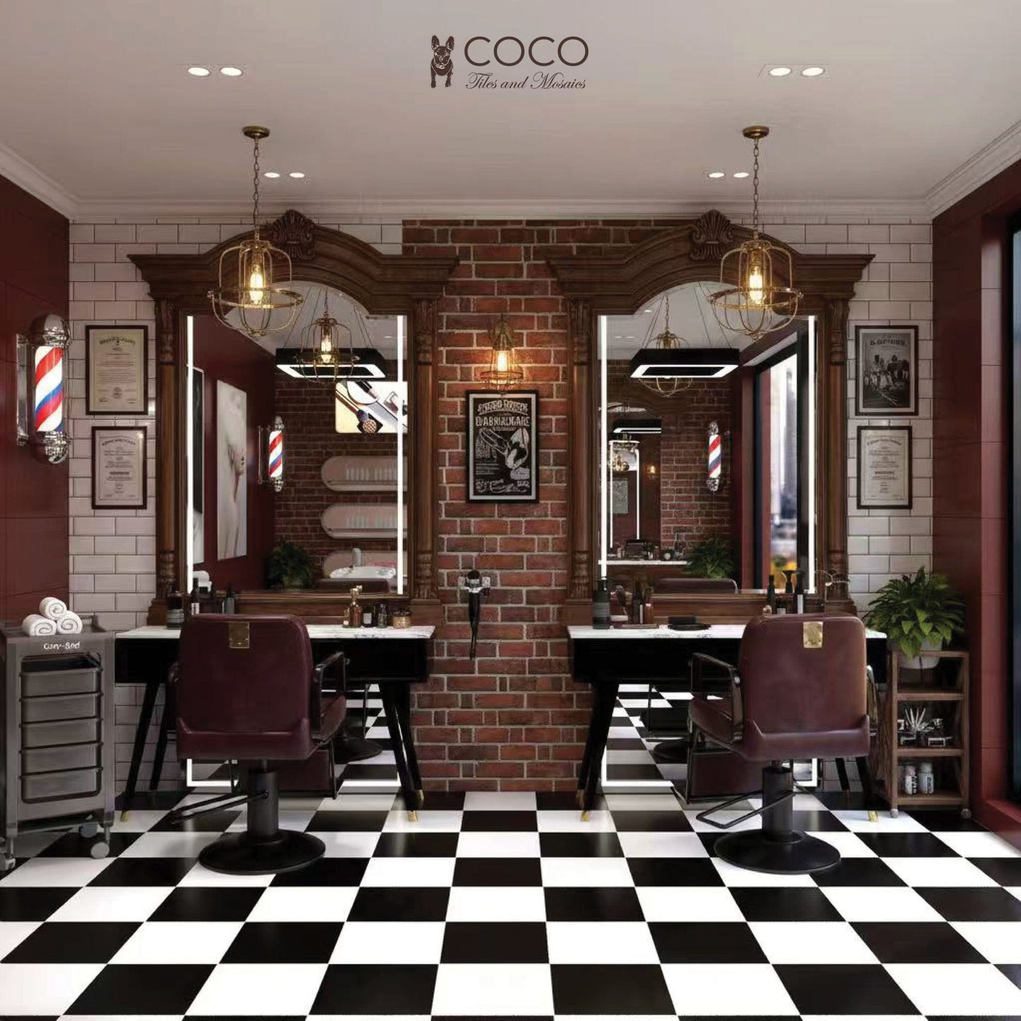 Chop Shop Checker barbershop interior with black-and-white checkerboard floor using CoCo’s Black & White Satin 300×300mm porcelain tiles.