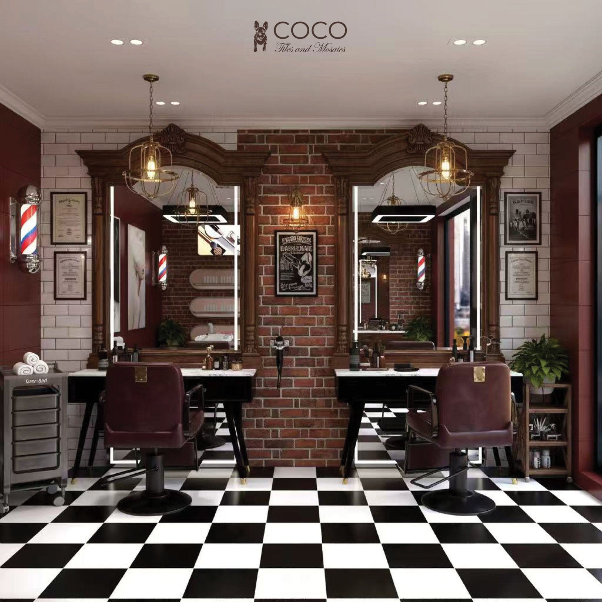 Chop Shop Checker barbershop interior with black-and-white checkerboard floor using CoCo’s Black & White Satin 300×300mm porcelain tiles.