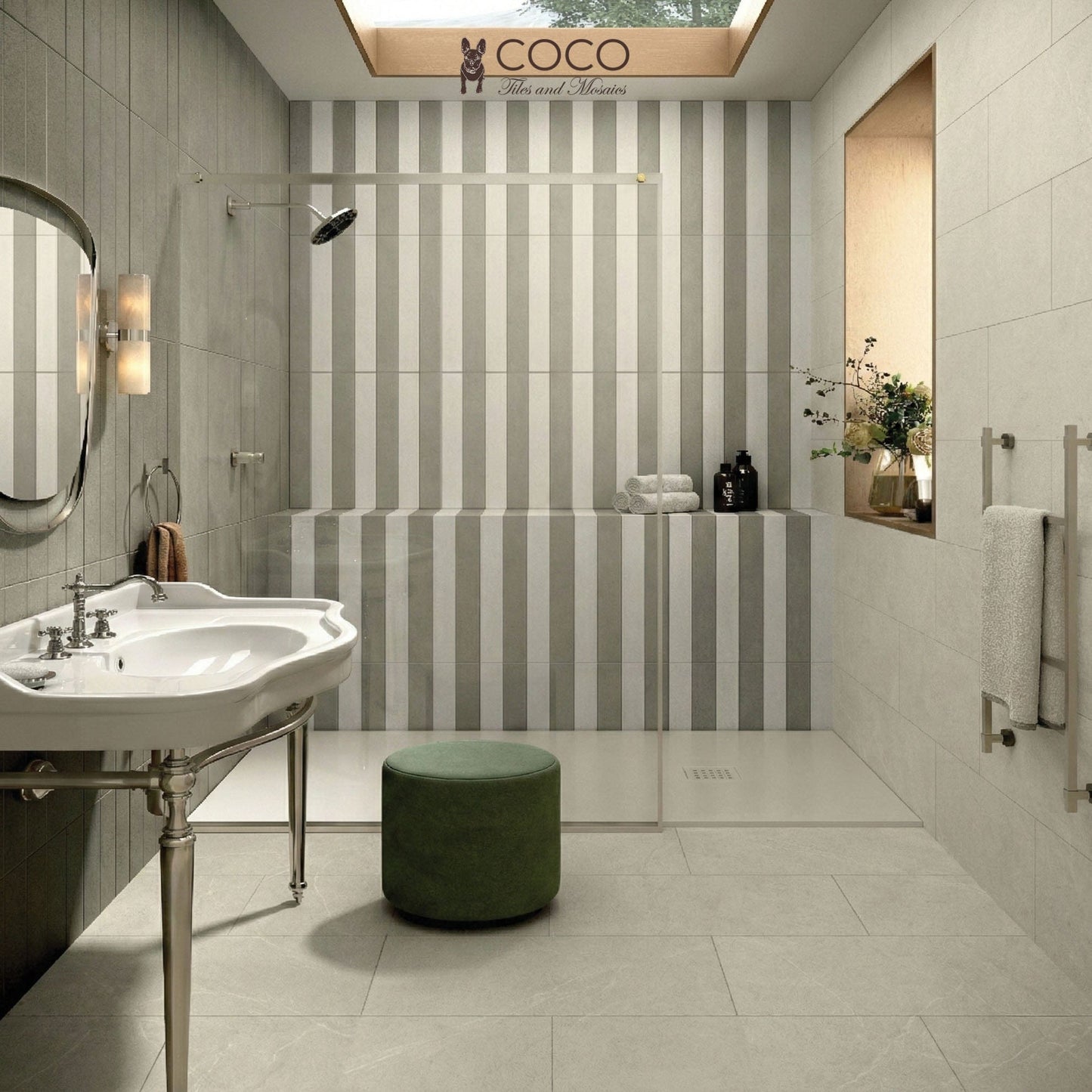 Coastal Hampton bathroom featuring Tides in Soft Motion with Driftboard Shore striped wall tiles and Formanta Libra matte floor tiles.