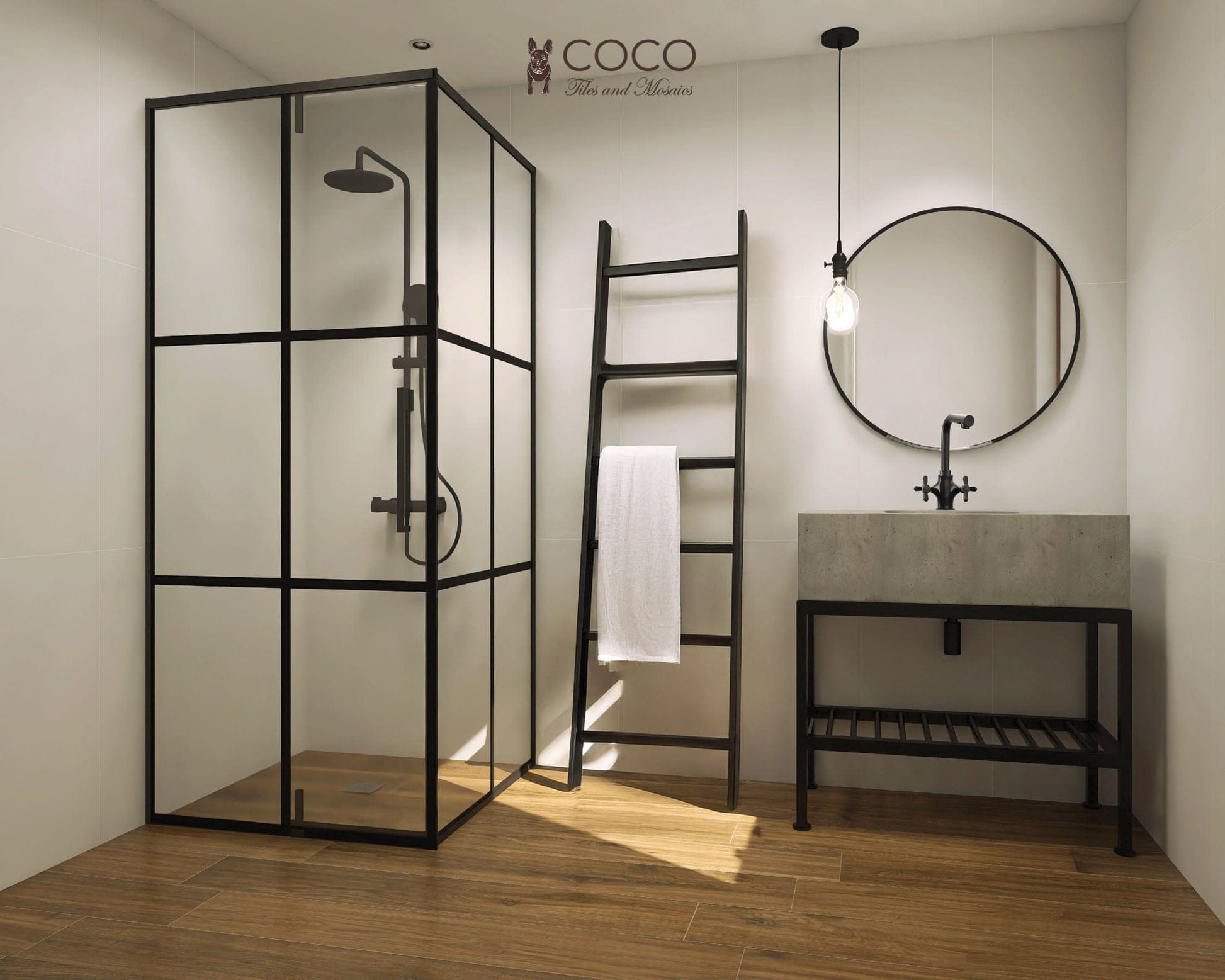 The Urbanist bathroom look with Grandeur Autumn Arbour brown timber-look porcelain floor tiles and Smooth Dreams Perfect Day white satin ceramic wall tiles. Black metal and concrete vanity. For sale at COCO Tiles and Mosaics.