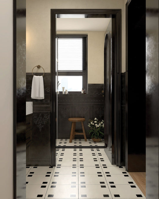 Style revival monochrome bathroom with Four Corners Bistro Dot Ebony Satin 300x300 porcelain floor tiles, Manor Series Midnight Majesty Satin 400x800 decorative feature wall tiles (Baroque Blossom and Elysian Etchings), and Soft Stillness Misty Dawn Satin 400x800 upper wall.