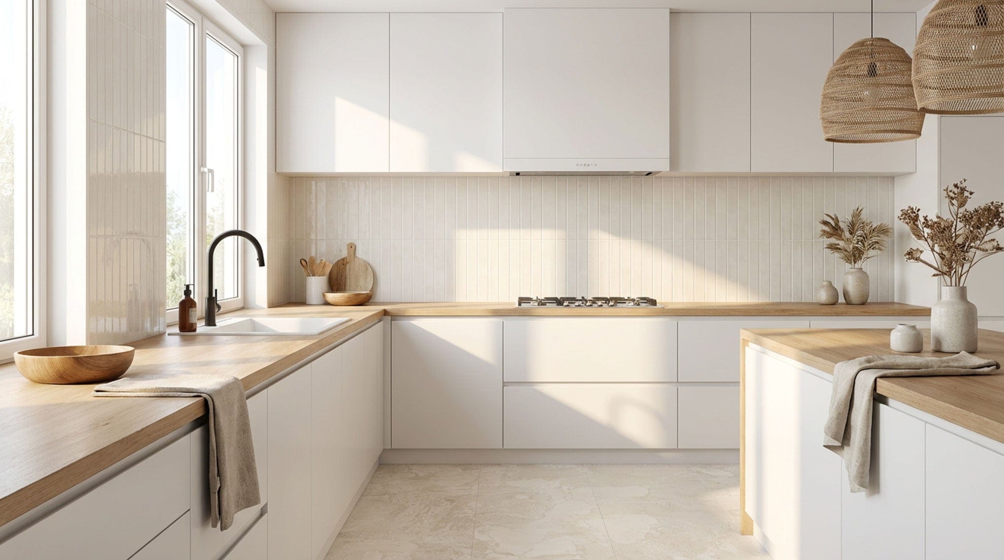 Minimal coastal kitchen featuring Coastline Boardwalk Shell off-white gloss fluted 400x800 porcelain wall tiles and Fragmenta Talco off-white terrazzo-look matt 600x600 porcelain floor tiles. 