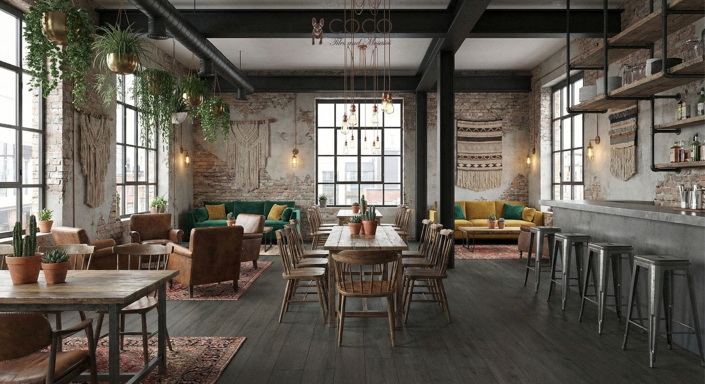 Dark Planks & Daydreams tile look featuring Grandeur Touch Midnight Oak Matt 200x1200mm wood-look porcelain tile flooring