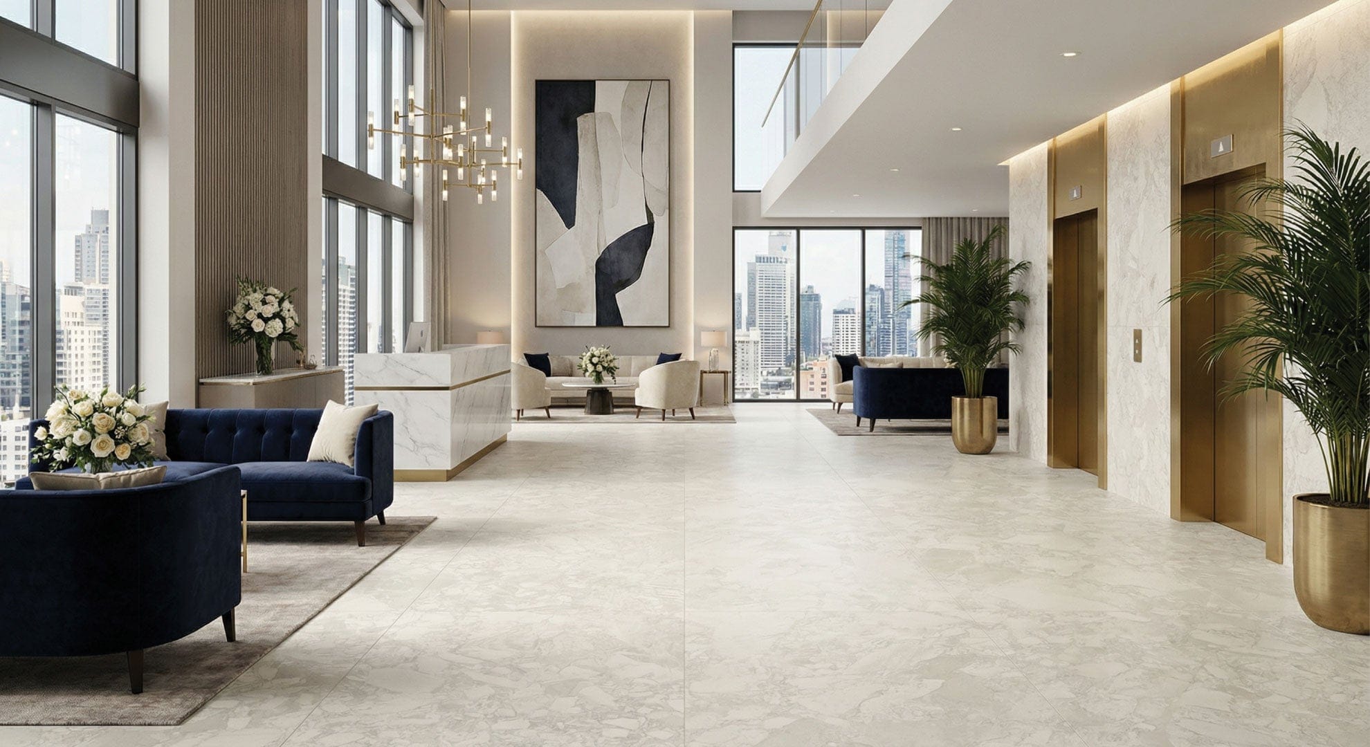 Luxury modern lobby with Fragmenta Series Nube matt 600x600 porcelain floor tiles in a light neutral terrazzo-effect look.