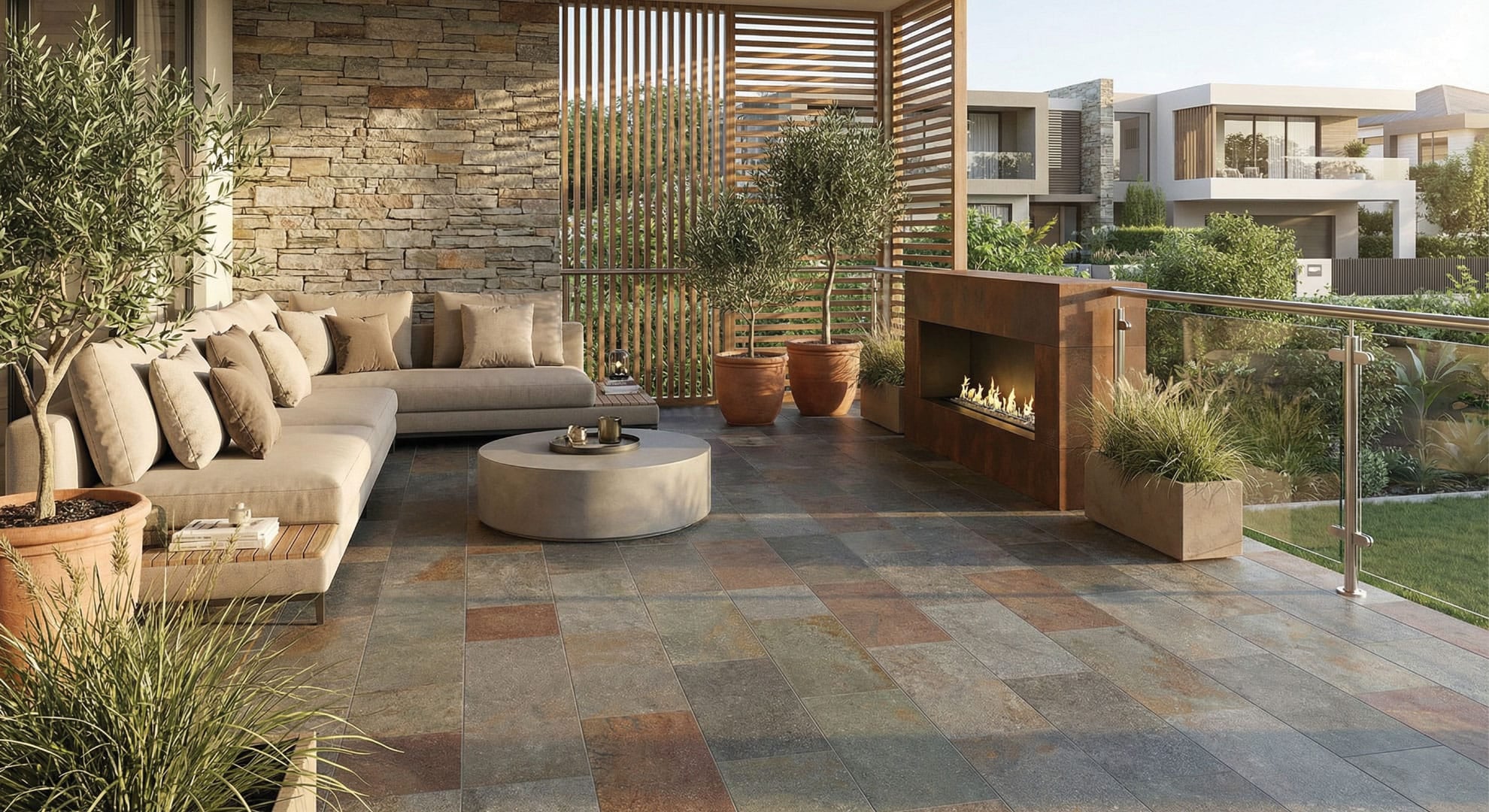 A luxurious outdoor terrace featuring the Sunset Terrace tile look. The floor is laid with Arcadia Series Valley Crest 225x453mm textured porcelain tiles, showing a multi-toned volcanic stone effect in slate grey and warm rust. The space includes a modern corten steel outdoor fireplace, a large beige linen corner sofa, a stacked stone feature wall, timber slatted privacy screens, and potted olive trees, overlooking a landscaped garden.