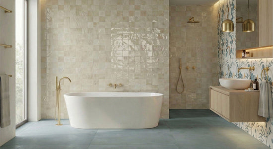 Modern vintage bathroom tile look with Ocean Mist concrete effect matte 600x1200 porcelain floor tiles, Between Sand gloss 400x800 wall tiles behind bath and shower, and Songbirds feature wall tile behind the vanity.