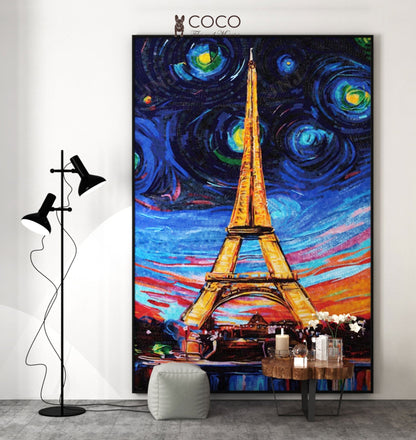 Handcut Glass Mosaic Eiffel Tower - Starry Night Inspired Paris Art