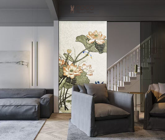 Lotus Serenade: Stone Mosaic Art Panel with Kingfisher and Blooming Lotus