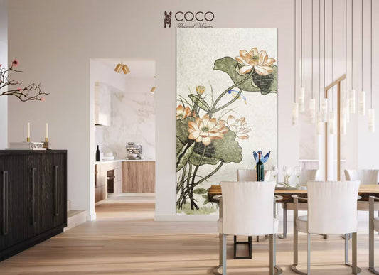 Lotus Serenade: Stone Mosaic Art Panel with Kingfisher and Blooming Lotus